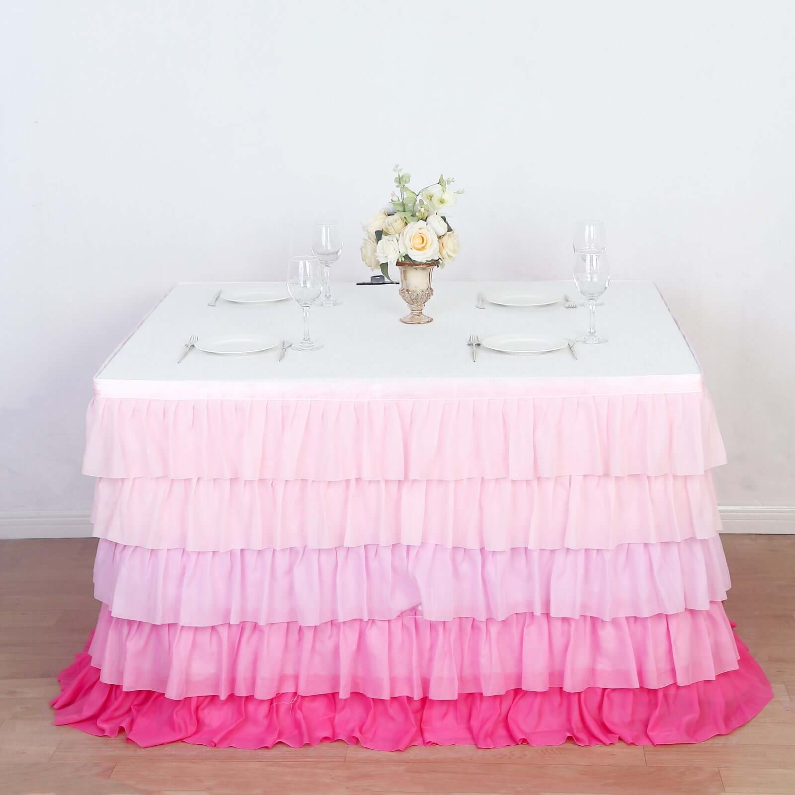 Chiffon 14ft Table Skirt Gradient Pink - Stylish 5-Tier Ombre Ruffled Tutu Table Cover with Satin Backing for Weddings & Celebrations