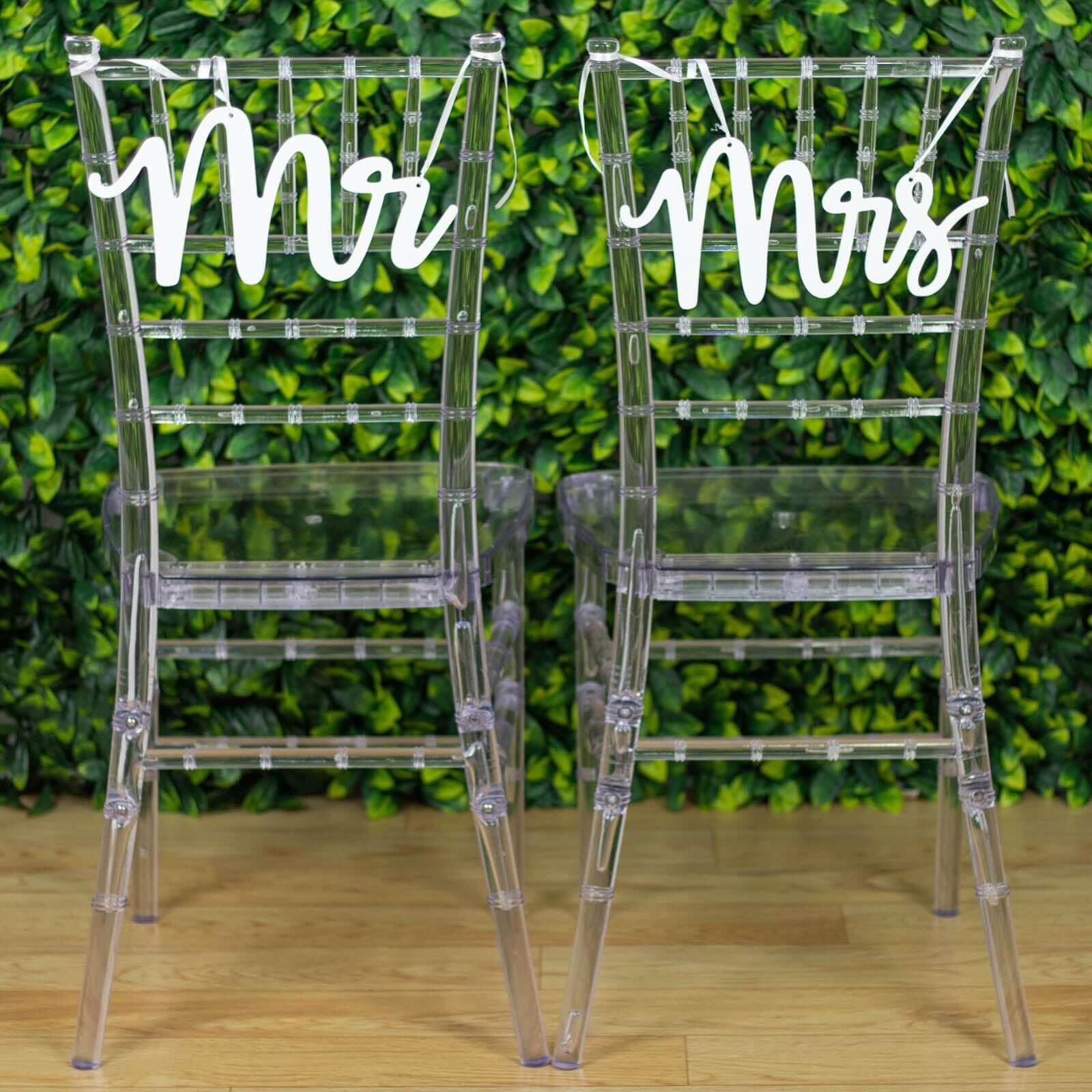 Set of 2 Wood Mr and Mrs Chair Signs White - Chic Calligraphy Wall Hanging Wedding Decor & Props 12x6