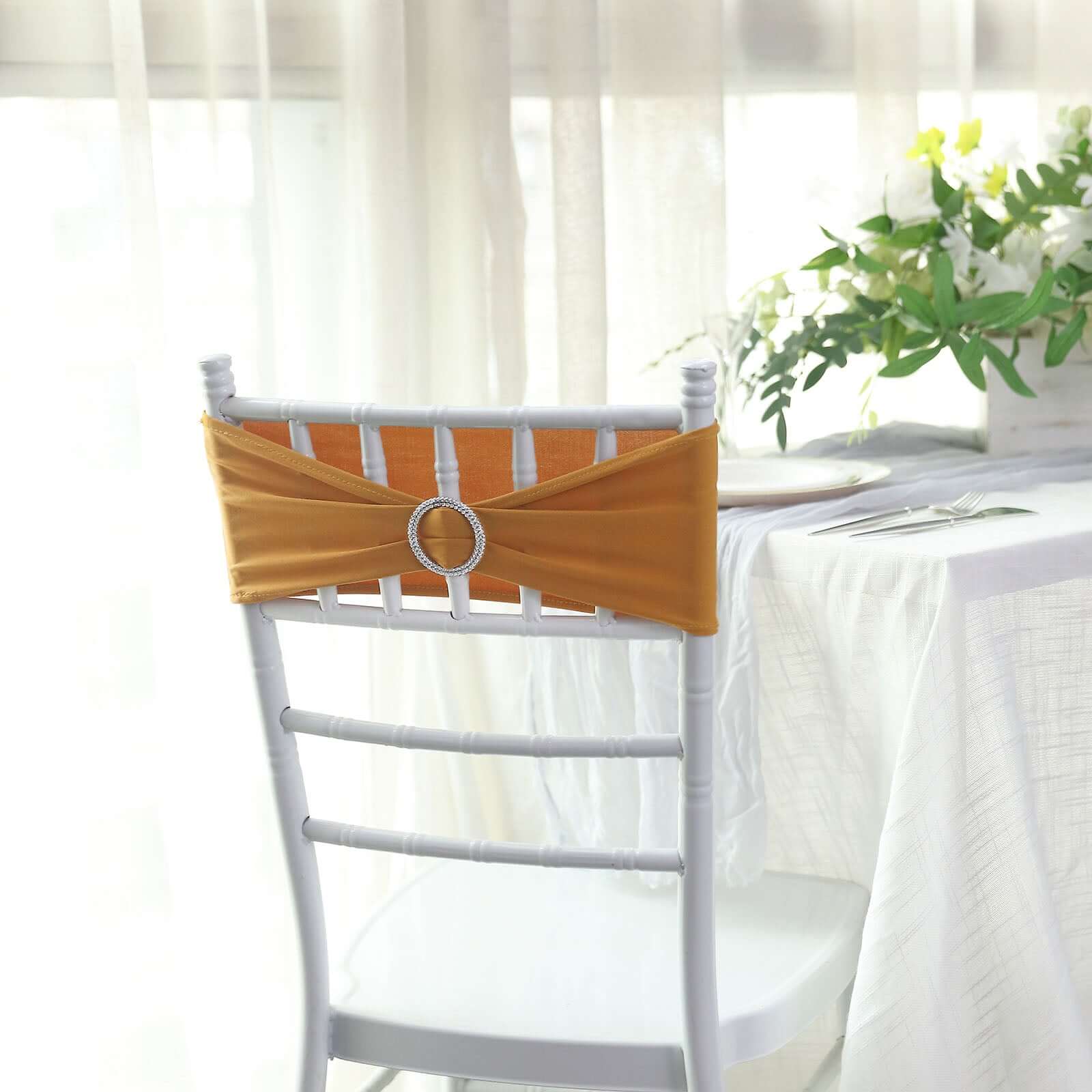 5 Pack Stretch Spandex Chair Sashes Gold - Classy Reusable Chair Bands with Silver Diamond Ring Slide Buckle 5x14