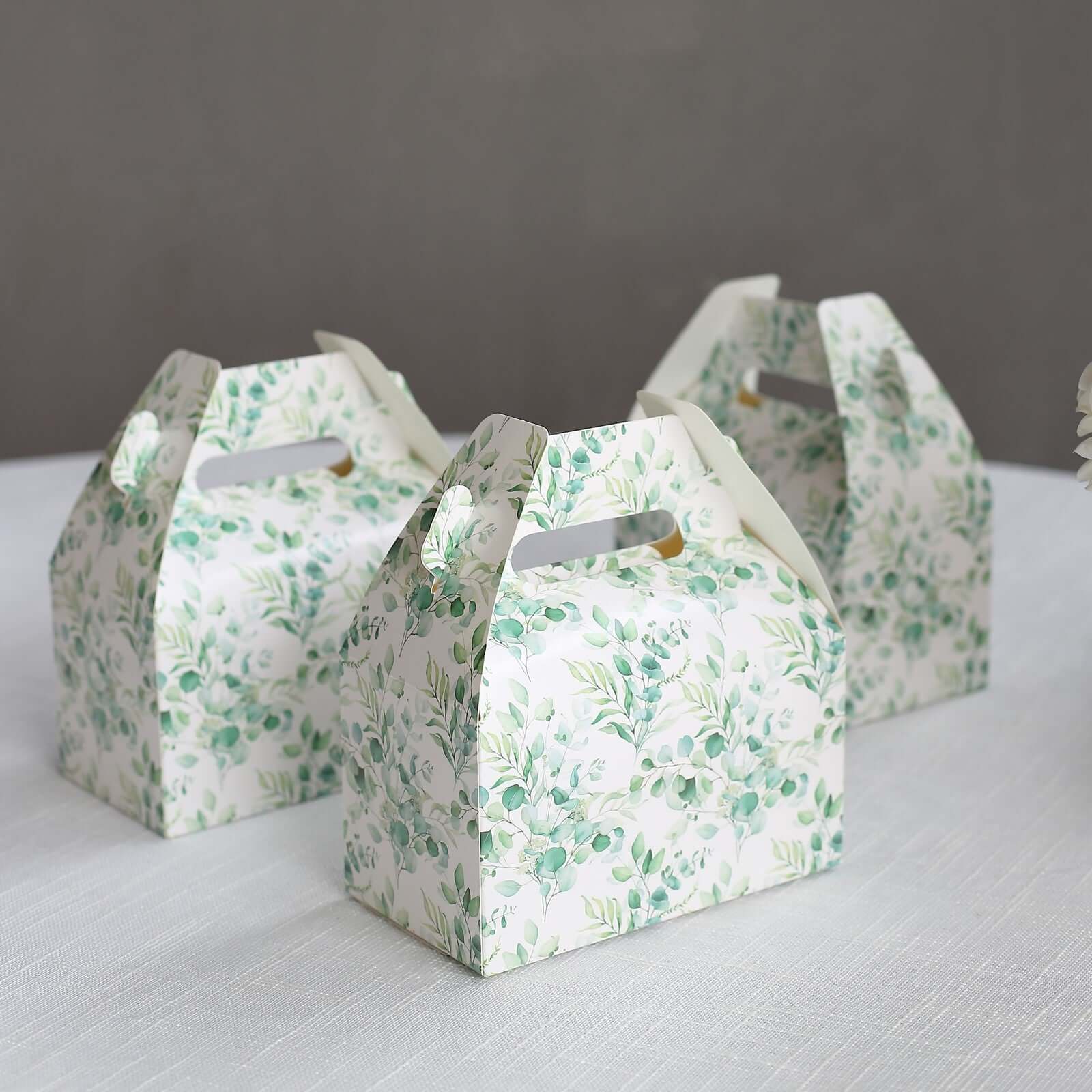 25 Pack White Green Candy Gift Tote Gable Boxes with Eucalyptus Leaves Print, Party Favor Treat Boxes - 6x3.5x7