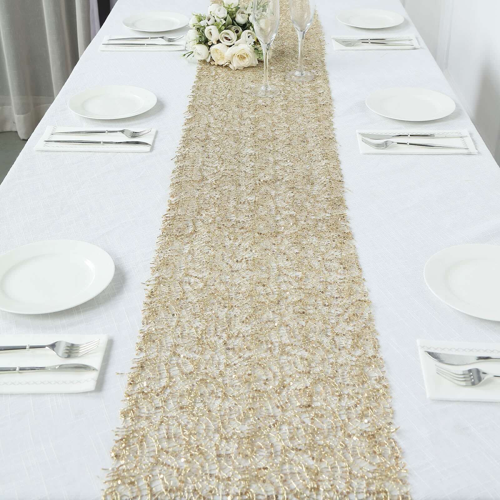 Mesh 12x108 Table Runner Gold - Sequin Schiffli Lace Design for Stylish Celebrations