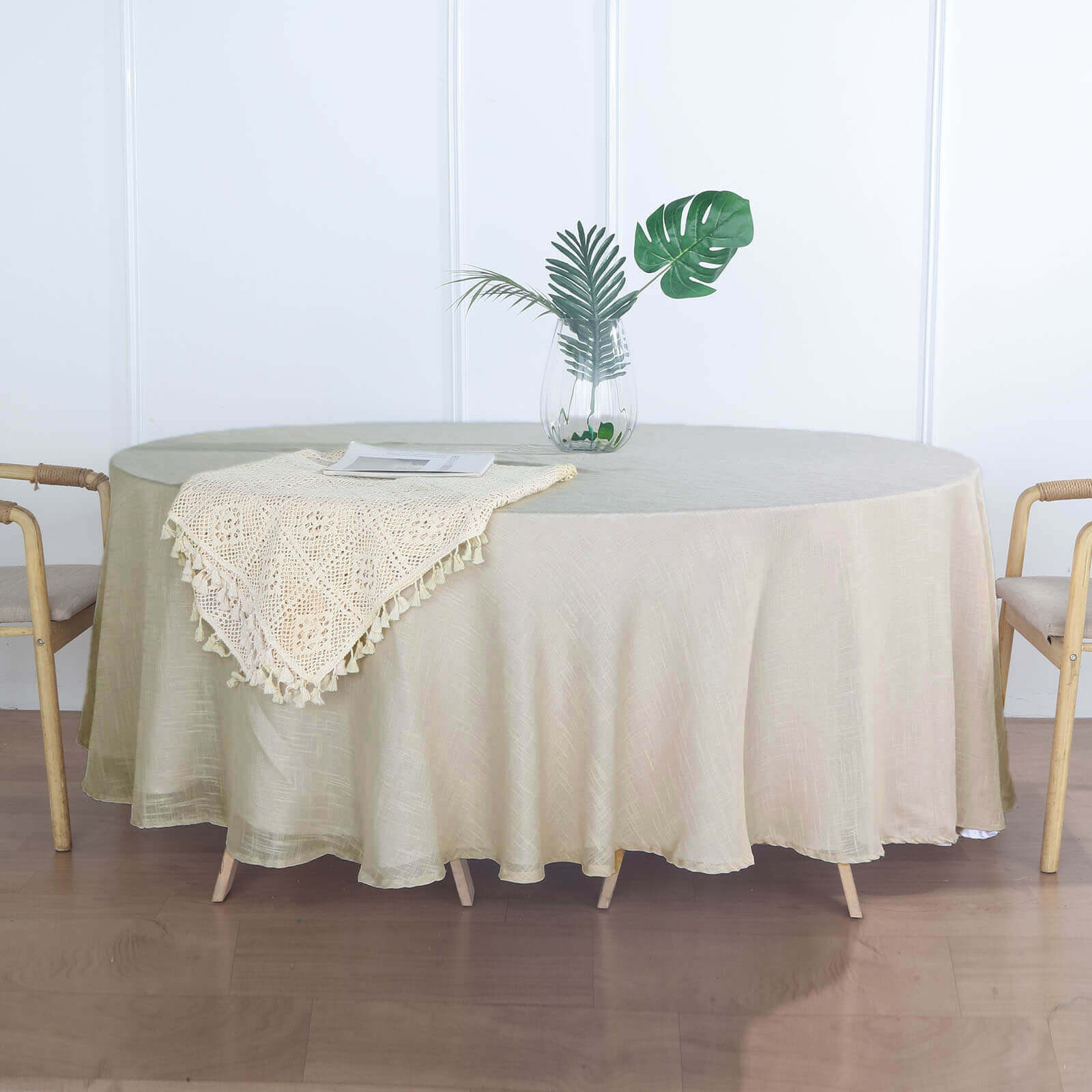 Faux Linen 108 Round Tablecloth Beige - Slubby Textured & Wrinkle Resistant Table Cover