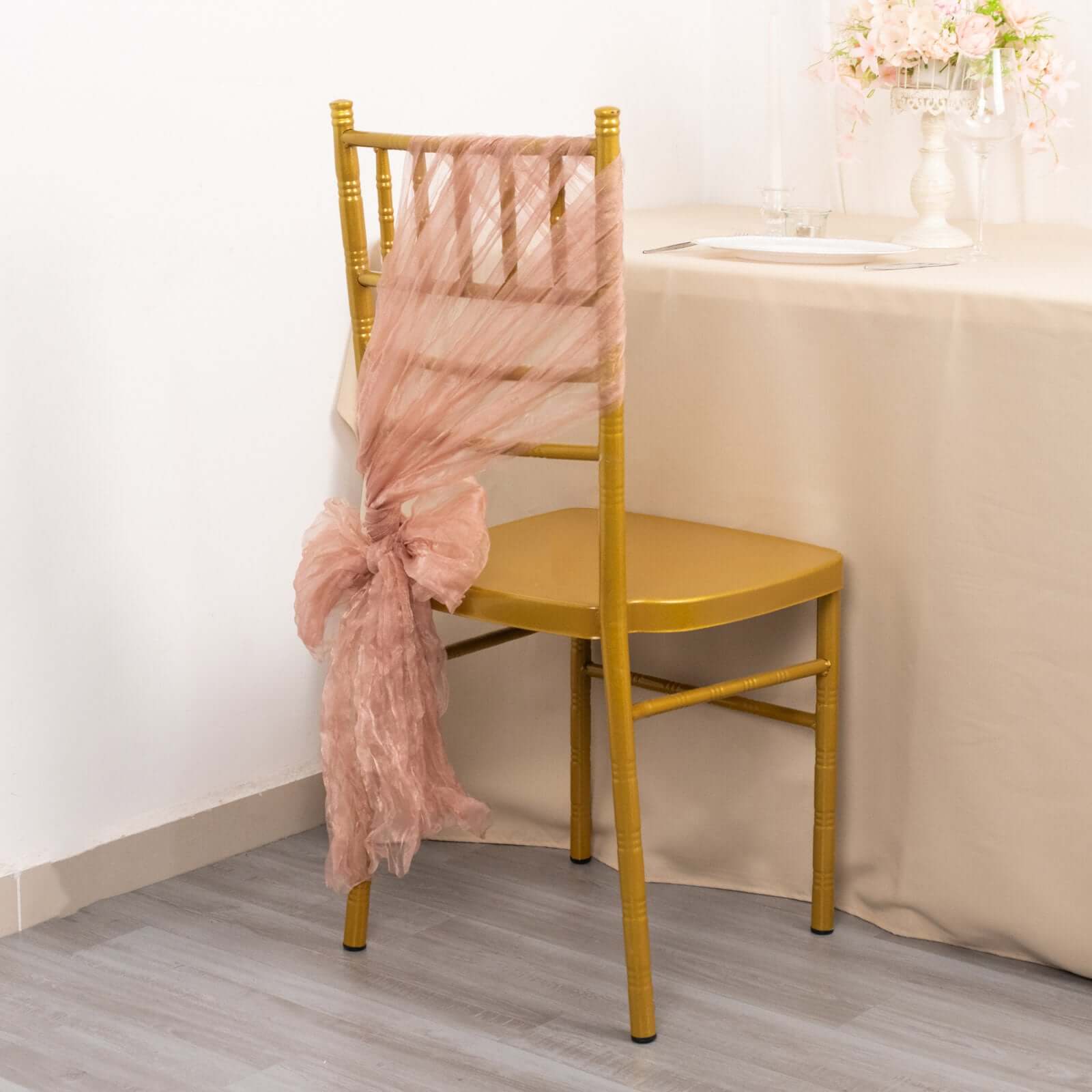 5 Pack Crinkled Organza Chair Sashes Dusty Rose with Shimmer Chiffon Layers - Stylish Sheer Decor