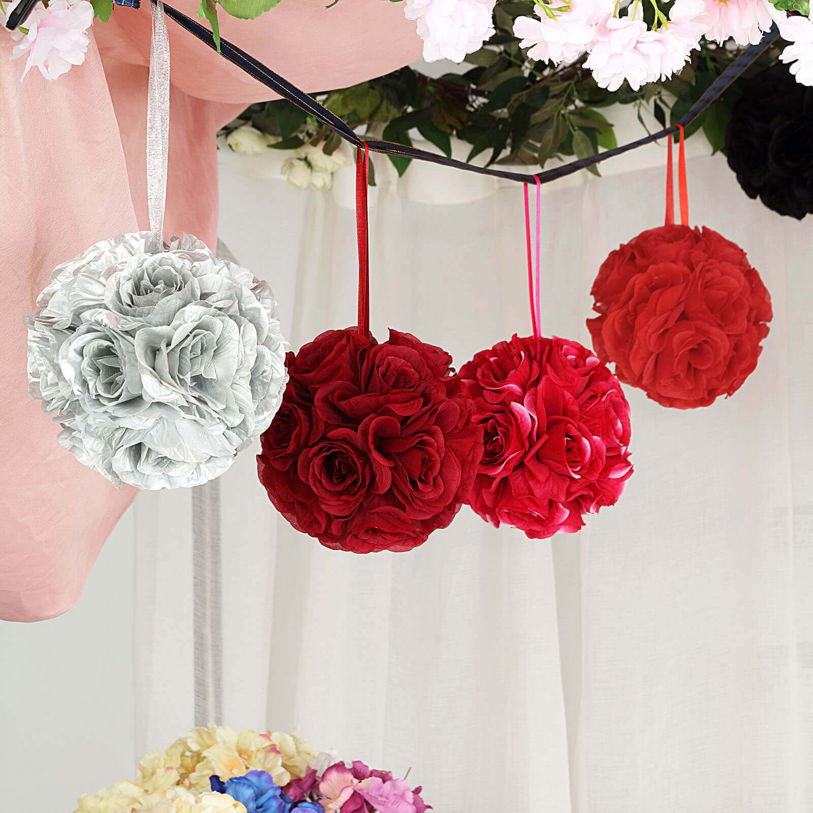 2 Pack 7 Red Artificial Silk Rose Kissing Ball, Faux Flower Ball