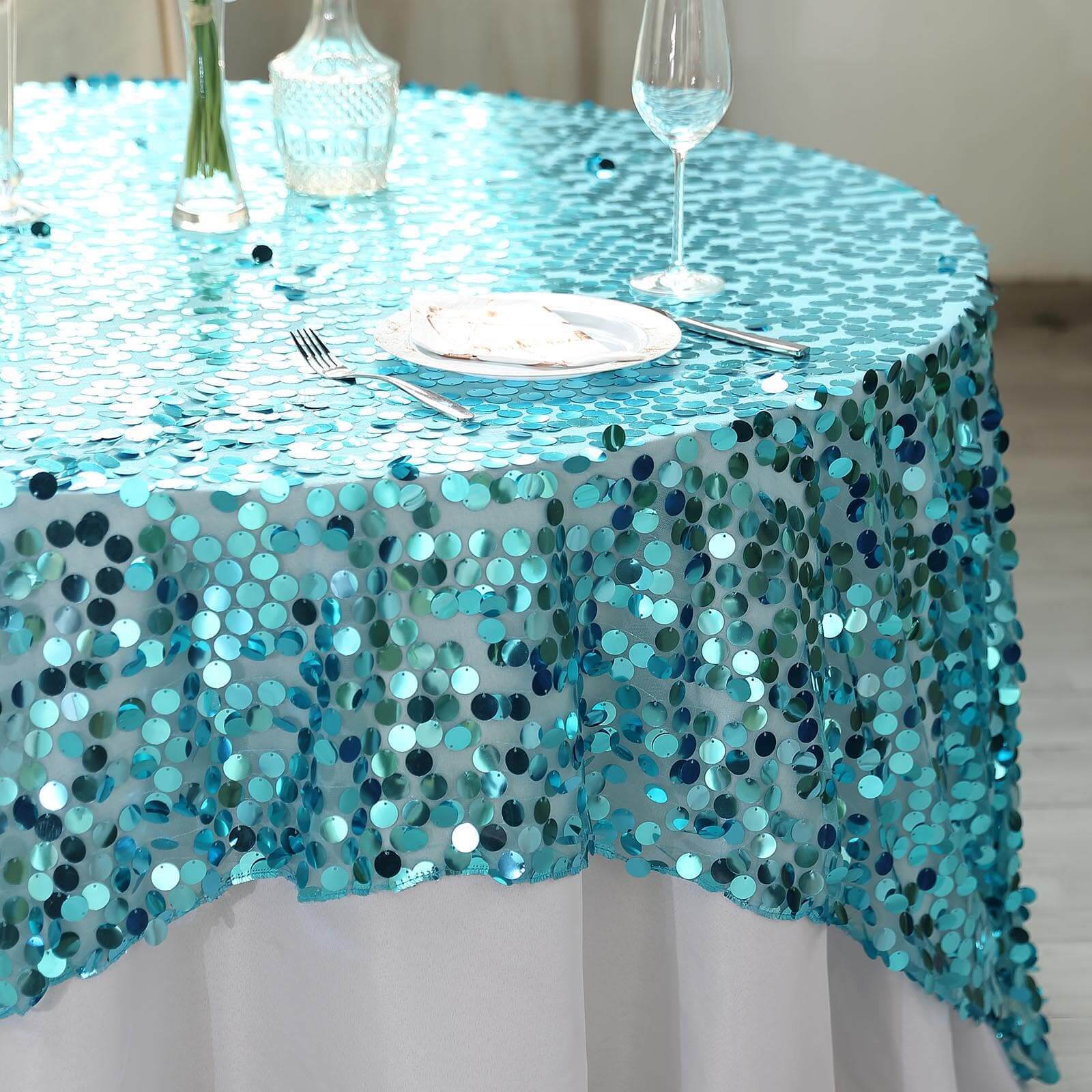 Sequin 72x72 Table Overlay Square Tablecloth Turquoise - Big Payette Table Cover