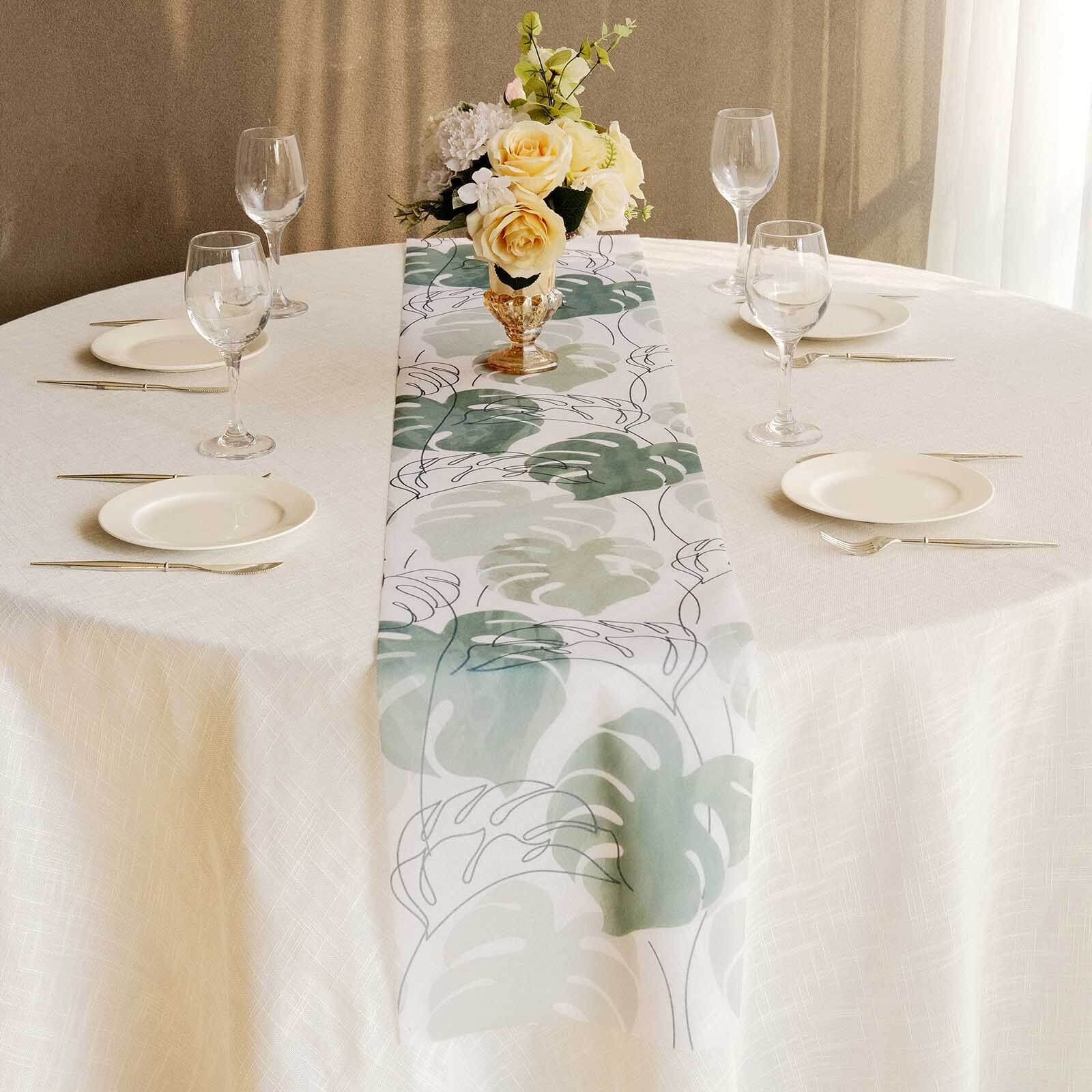 Disposable Table Runner 11x108 White with Green Monstera Palm Leaves Print - Non-woven Stylish Spring Summer Dining Decor