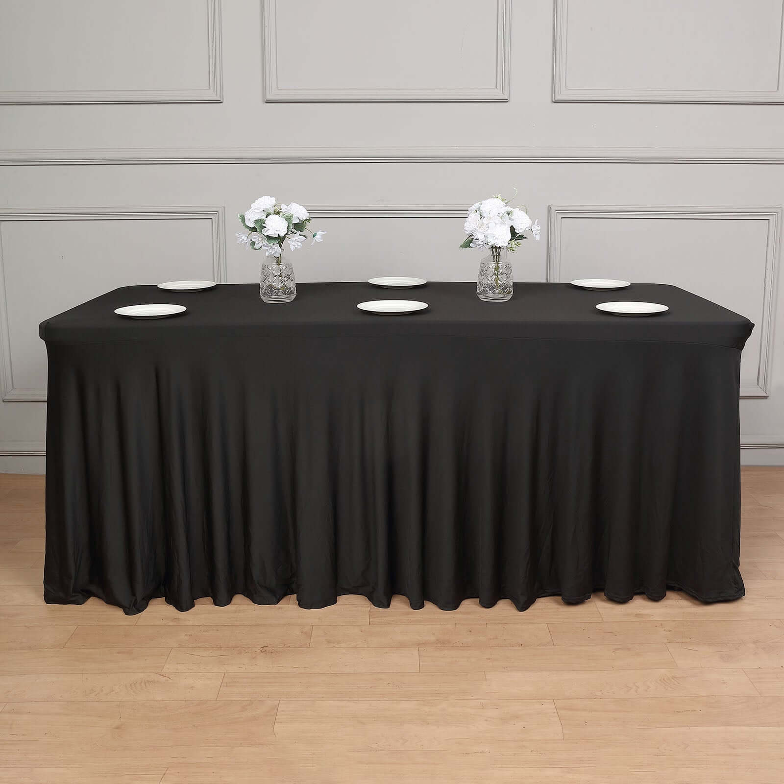 Spandex Rectangle 72x30 Table Skirt Black with Wavy Skirt-Like Effect Table Cover