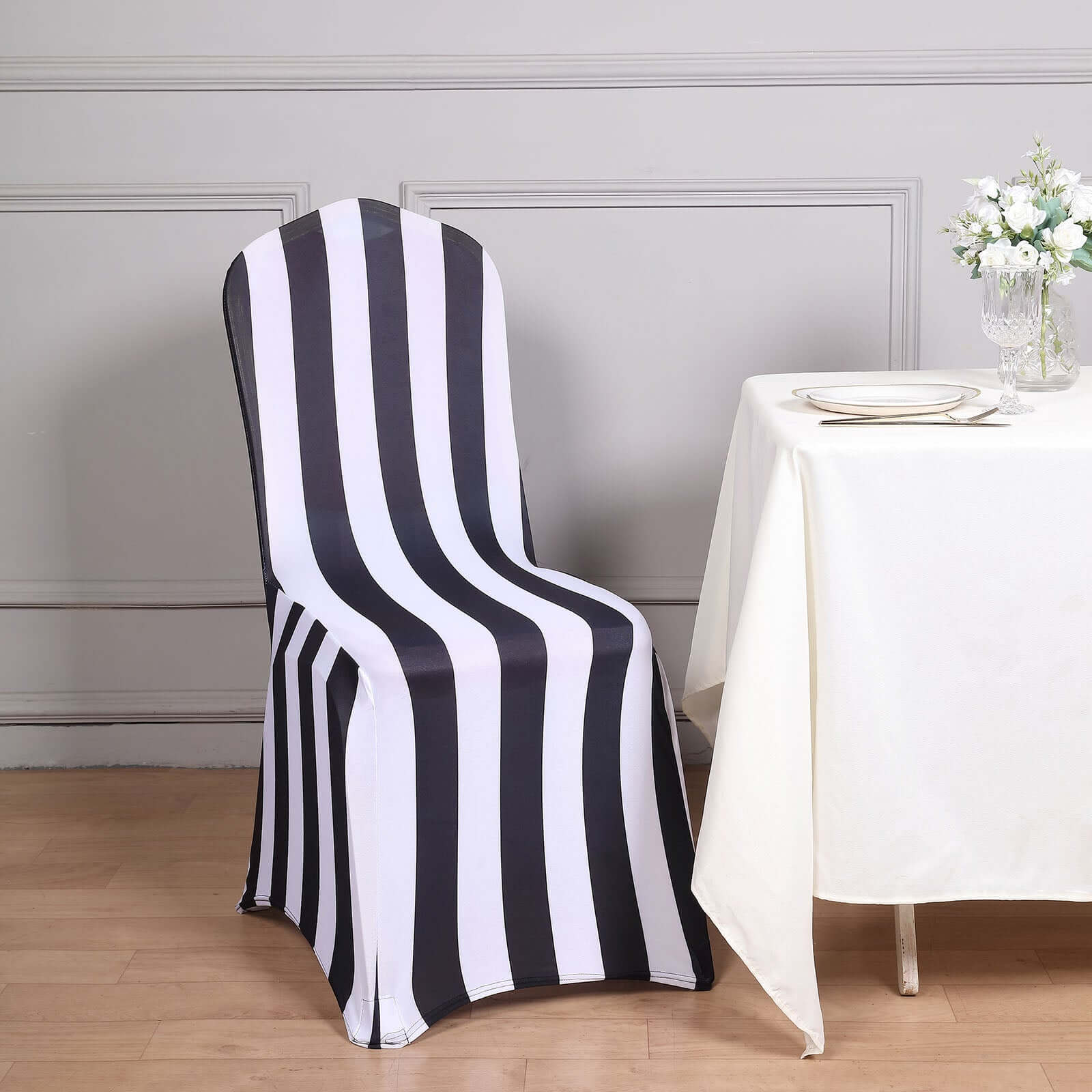 Spandex Chair Cover with Foot Pockets for Banquet Chairs Black/White 2 Stripes - Durable 160GSM Fitted Slipcover for Weddings & Gatherings