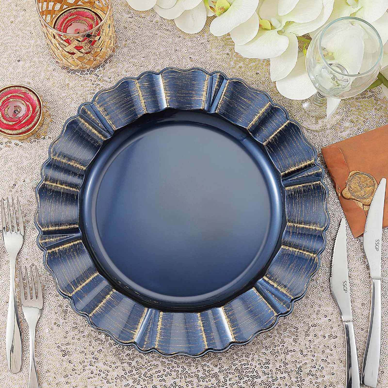 6-Pack Acrylic Plastic Round Charger Plates 13 in Navy Blue with Gold Brushed Wavy Scalloped Rim, Decorative Dinner Party Charger Tableware