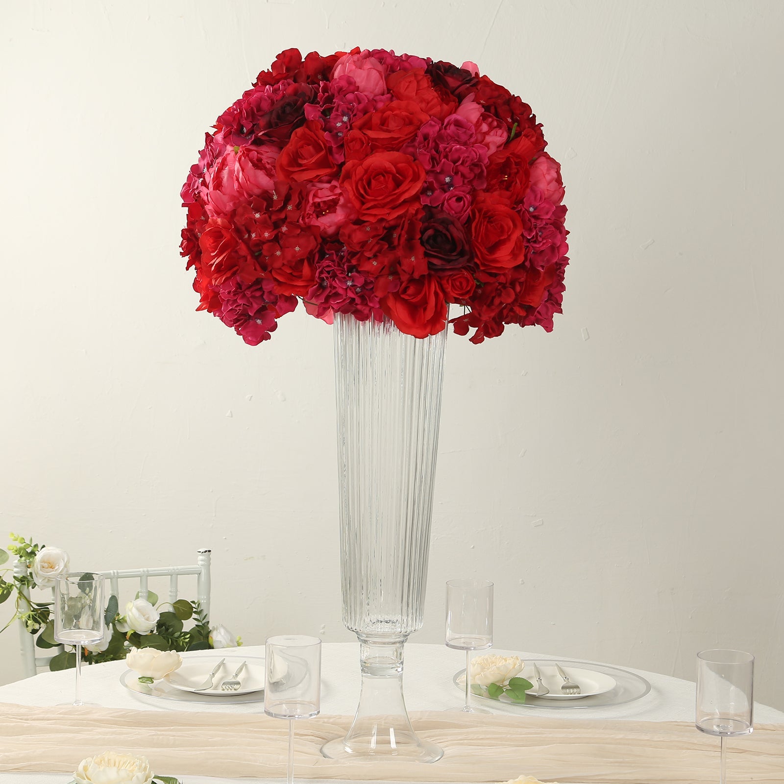 Pre-Arranged Silk Rose Bouquet Floral Arrangement Table Decor, Large Red Artificial Rose Flower Balls Wedding Centerpieces - 20