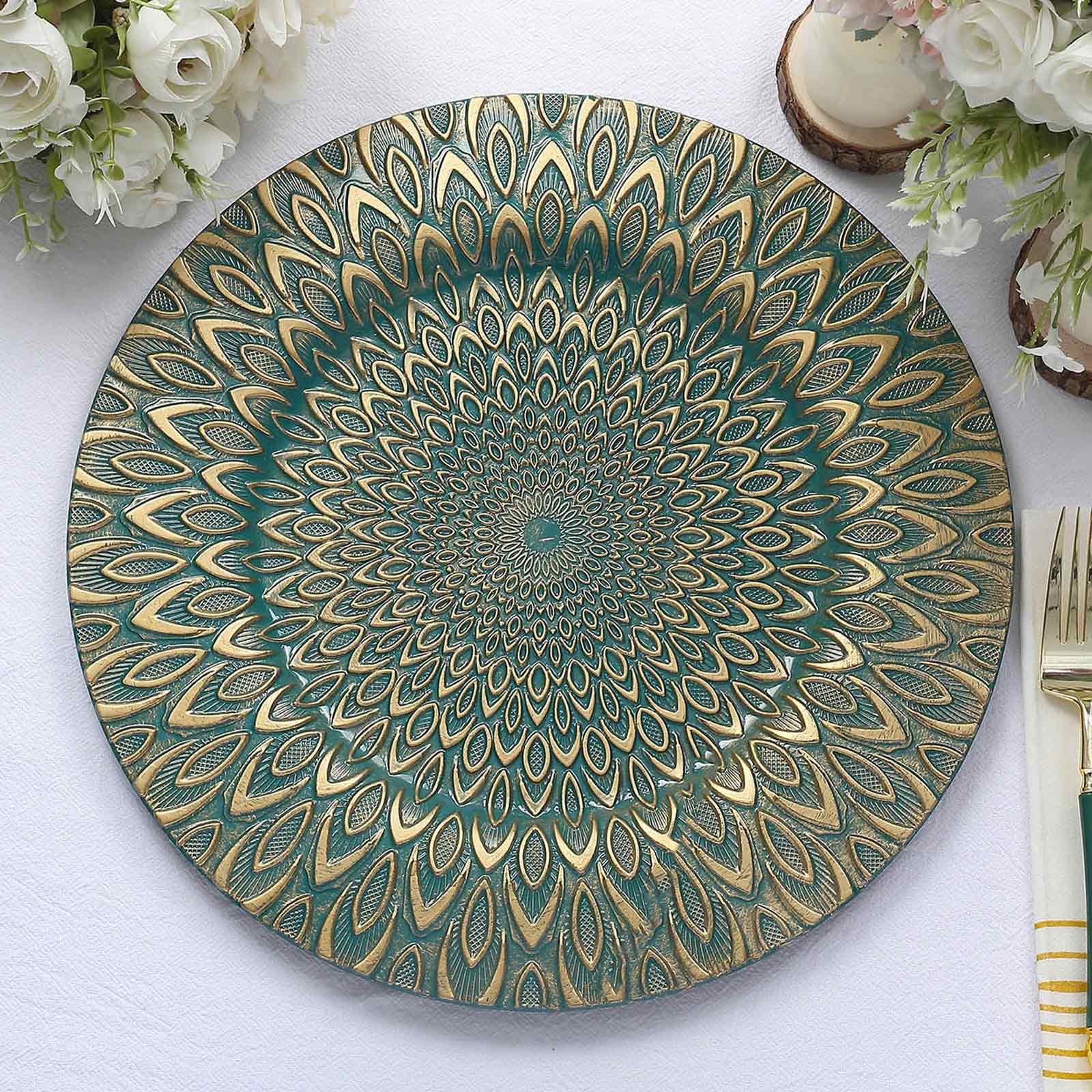 6-Pack Plastic Round Charger Plates 13 in Teal with Gold Embossed Peacock Pattern, Stylish Disposable Charger Tableware