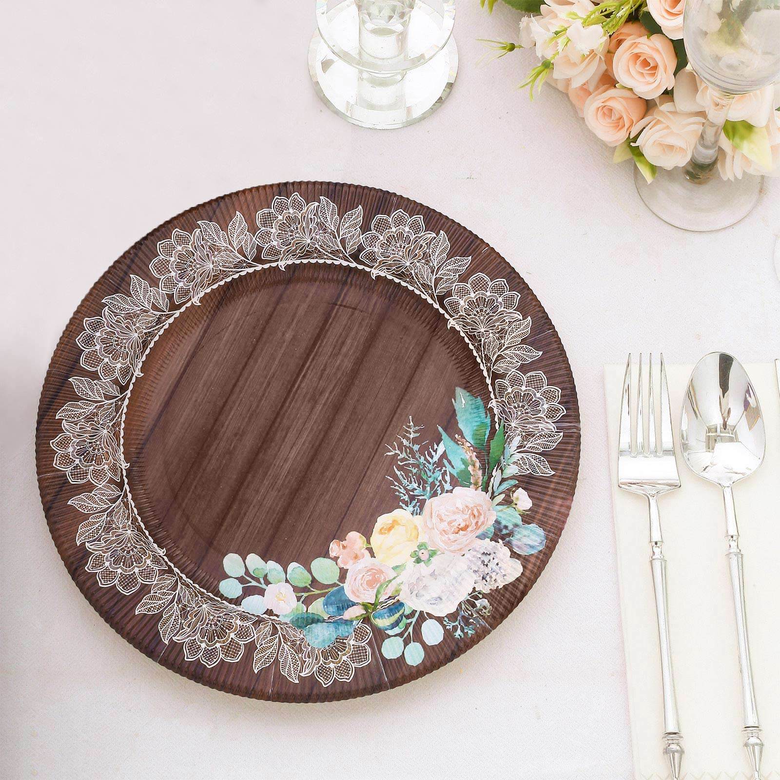 25-Pack Paper 8 Round Dessert Plates in Brown Wood Print with Floral Lace Rim - Disposable Salad Appetizer Plates for Farmhouse Events & Rustic Themes