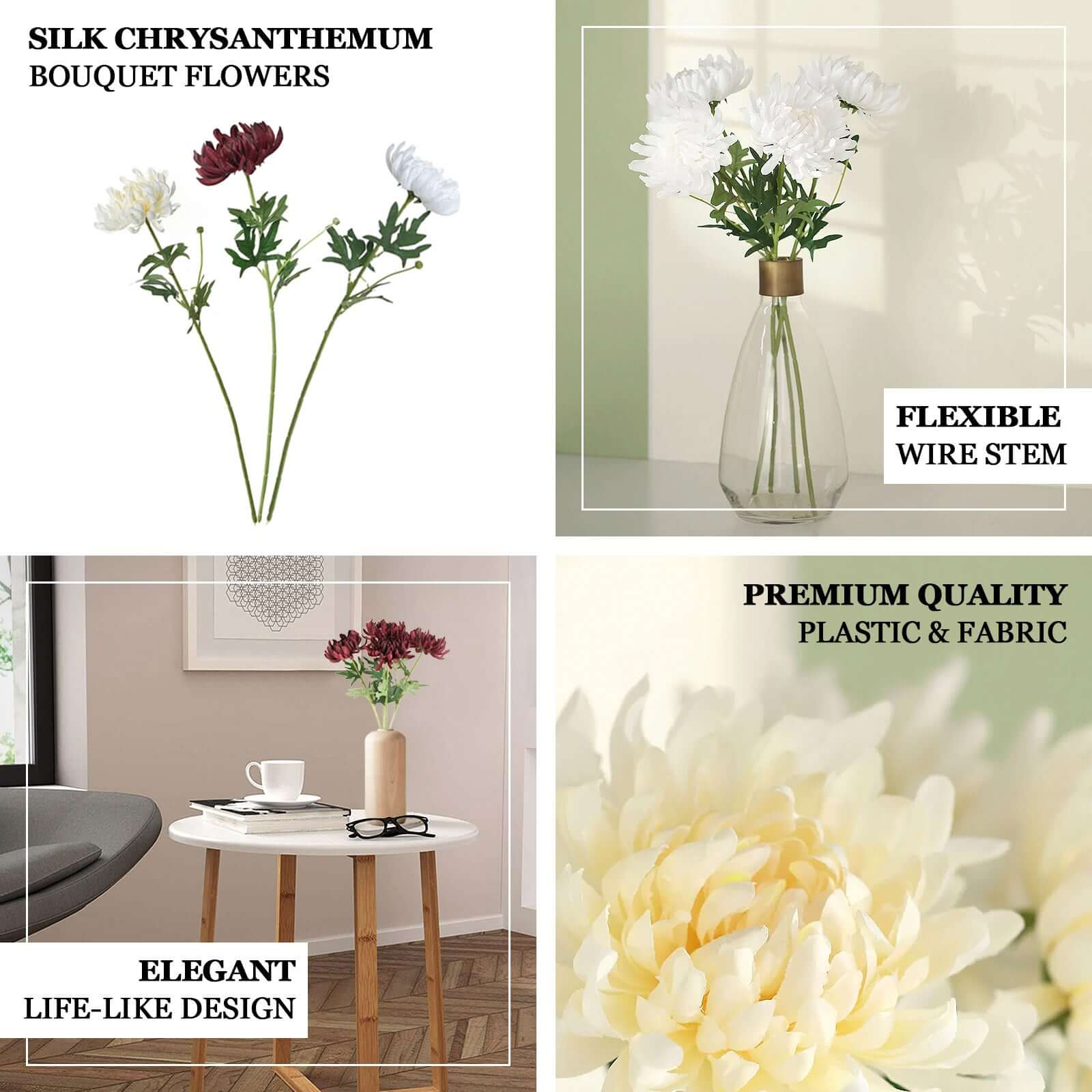 3 Stems White 27 Artificial Silk Chrysanthemum Bouquet Flowers, Large Faux Mum Branches