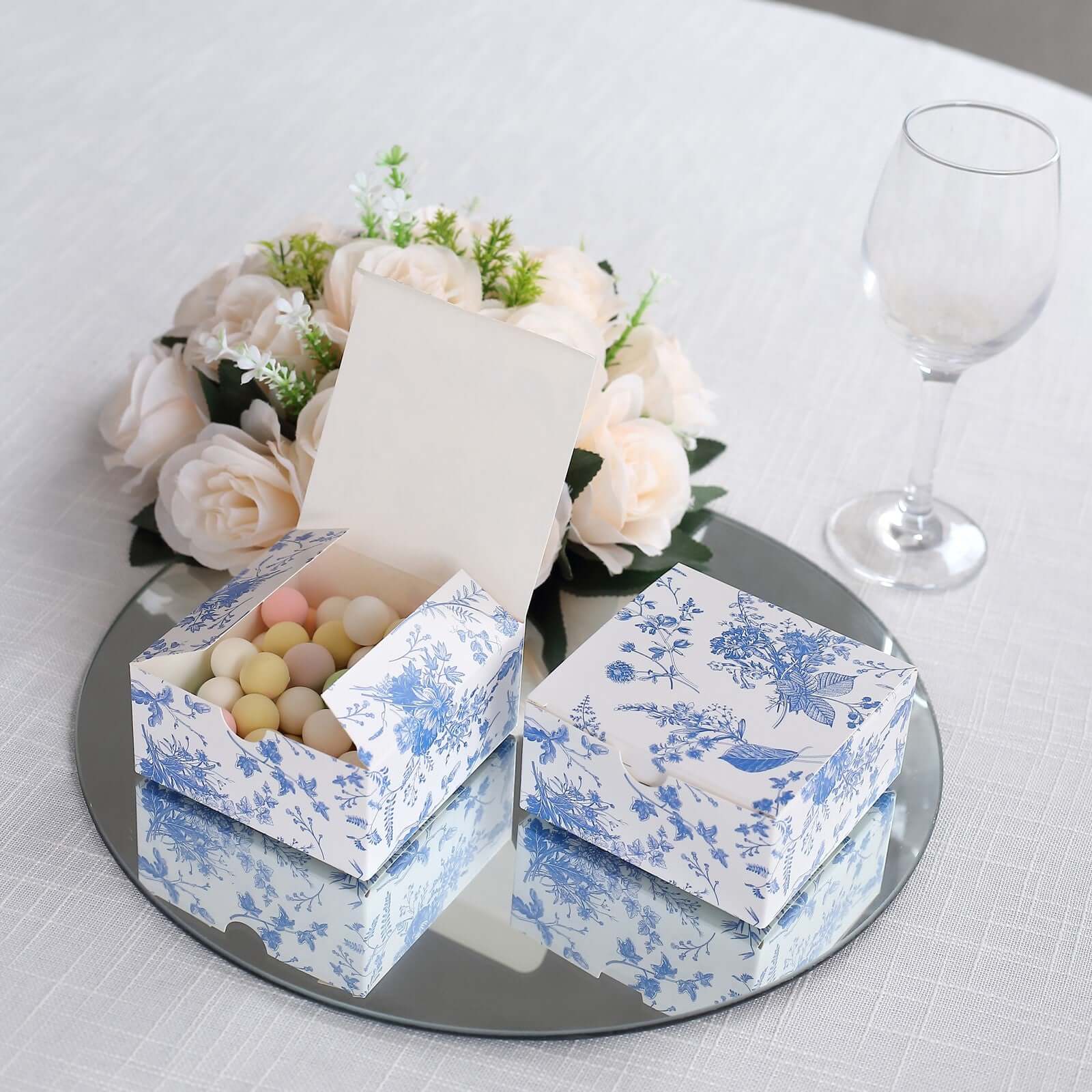 25 Pack White Blue Paper Favor Boxes in French Toile Pattern, Cardstock Party Shower Candy Gift Boxes - 4x4x2