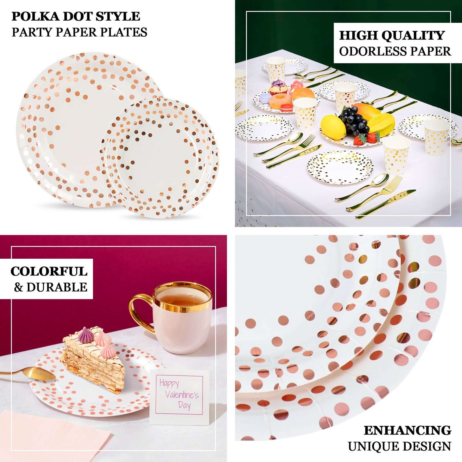 25-Pack Paper Round Dinner Plates 9 White with Metallic Rose Gold Polka Dots - Disposable 300GSM Party Plates for Banquets & Celebrations