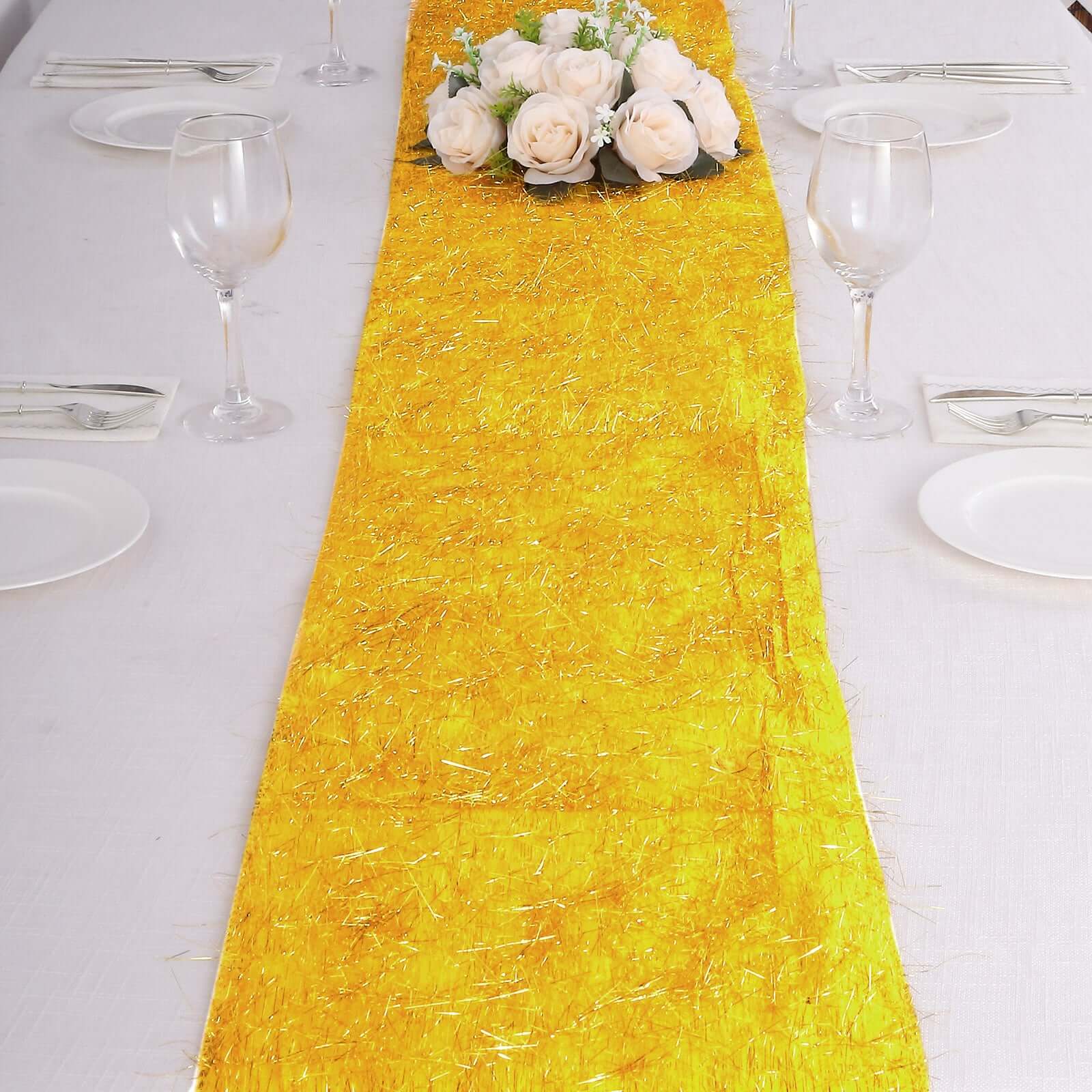 Metallic Tinsel Polyester 12x108 Table Runner Gold - Shimmery Fringe Shag Event Table Decor