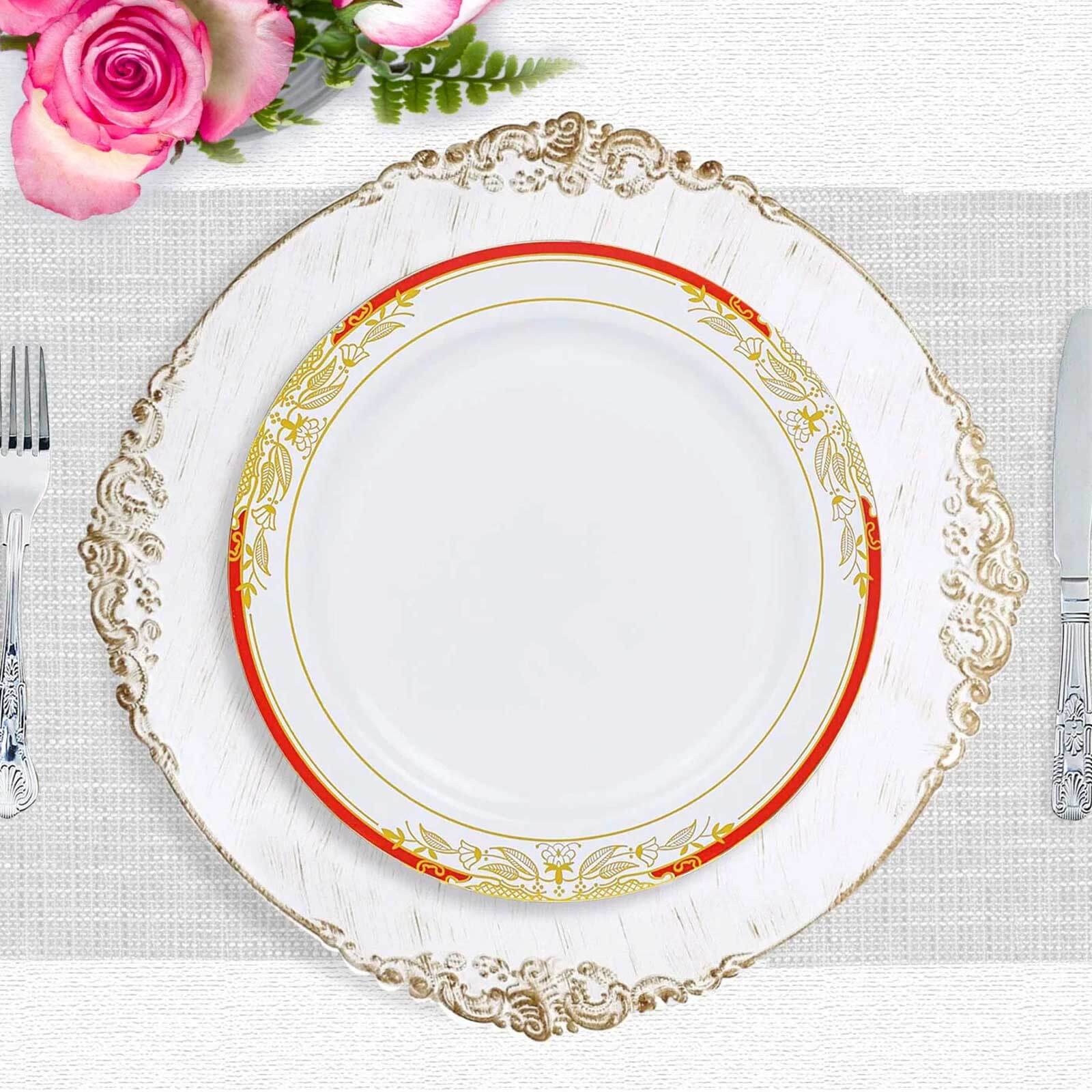 10 Pack White With Red Rim 10 Plastic Dinner Plates, Round With Gold Vine Design