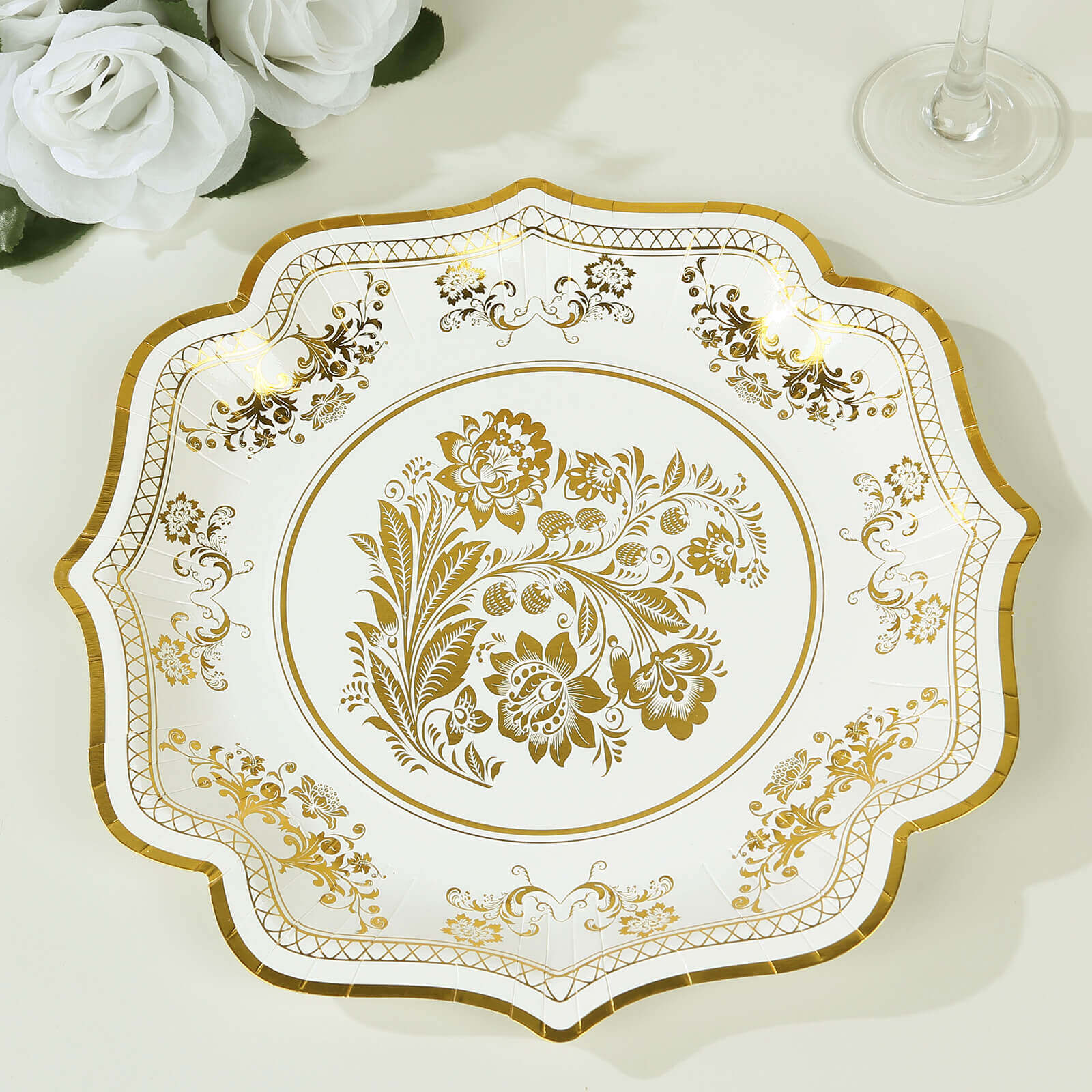 25-Pack Paper Dinner Plates in White with Gold French Toile Print & Scallop Rim - Stylish Disposable 300GSM Floral Party Plates for Weddings & Events 10