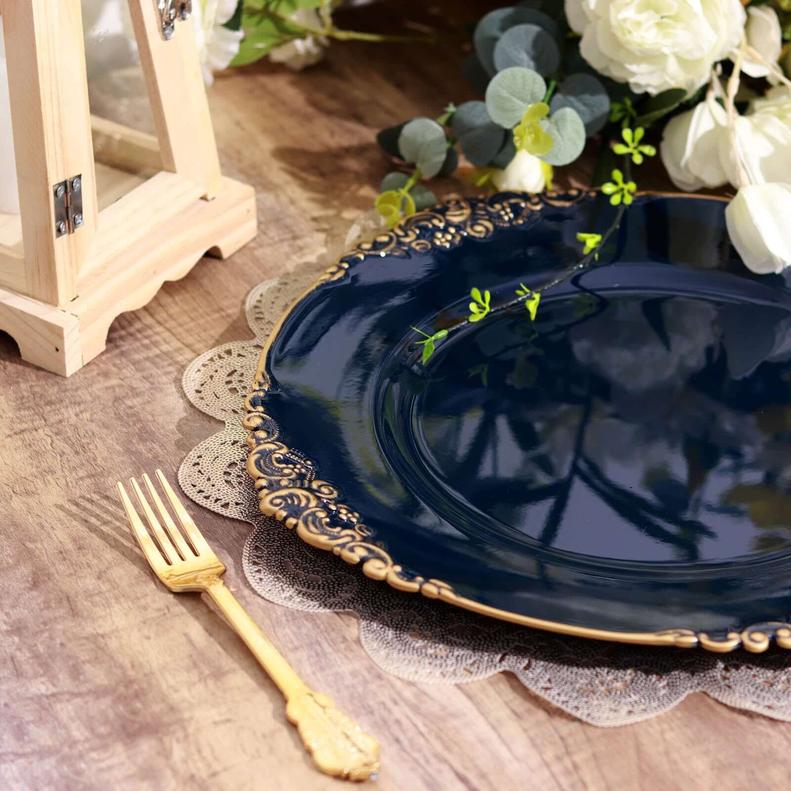 6-Pack Acrylic Round Charger Plates 13 in Navy Blue with Gold Embossed Baroque Rim, Antique Decorative Dinner Party Charger Tableware