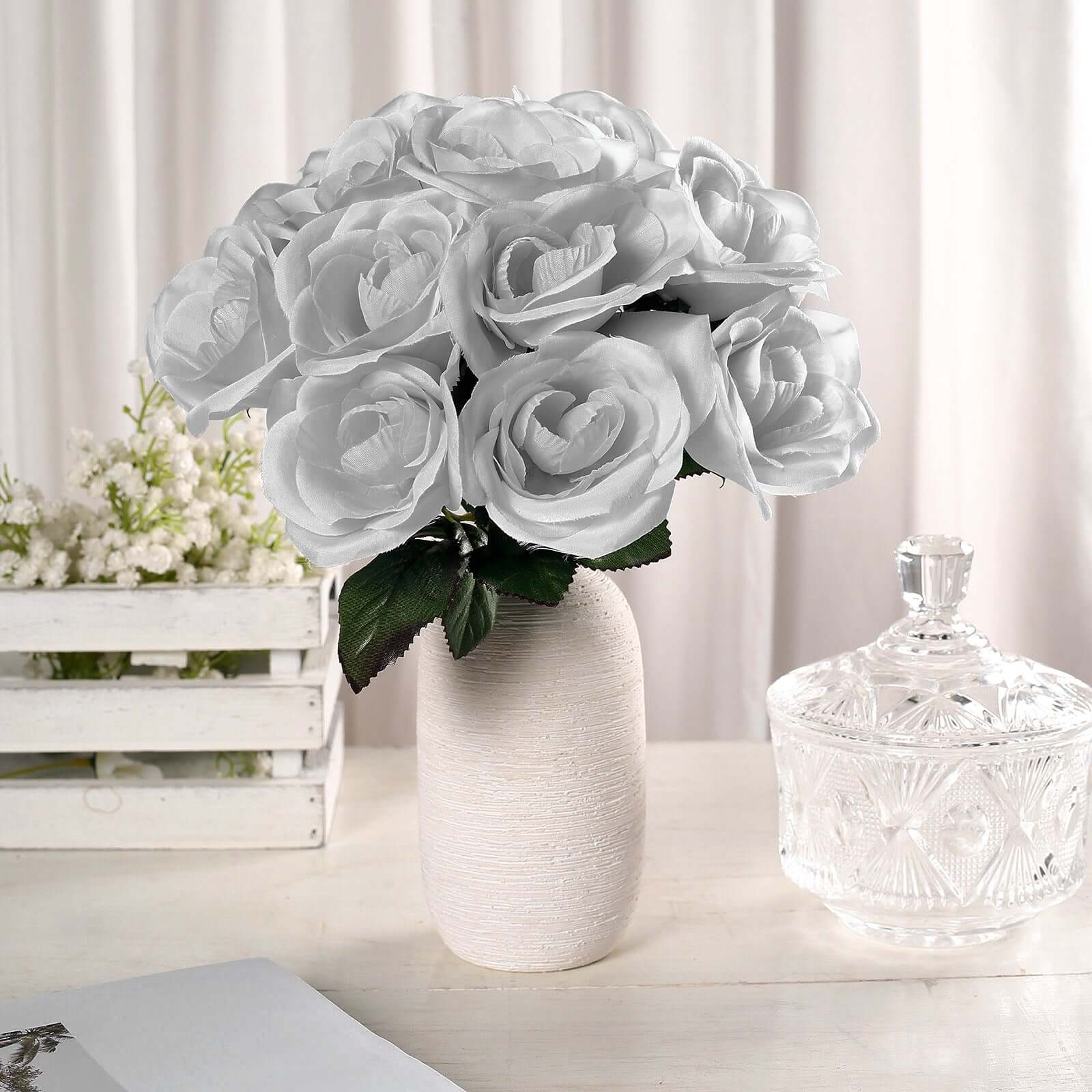 12 Silver Artificial Velvet-Like Fabric Rose Flower Bouquet Bush