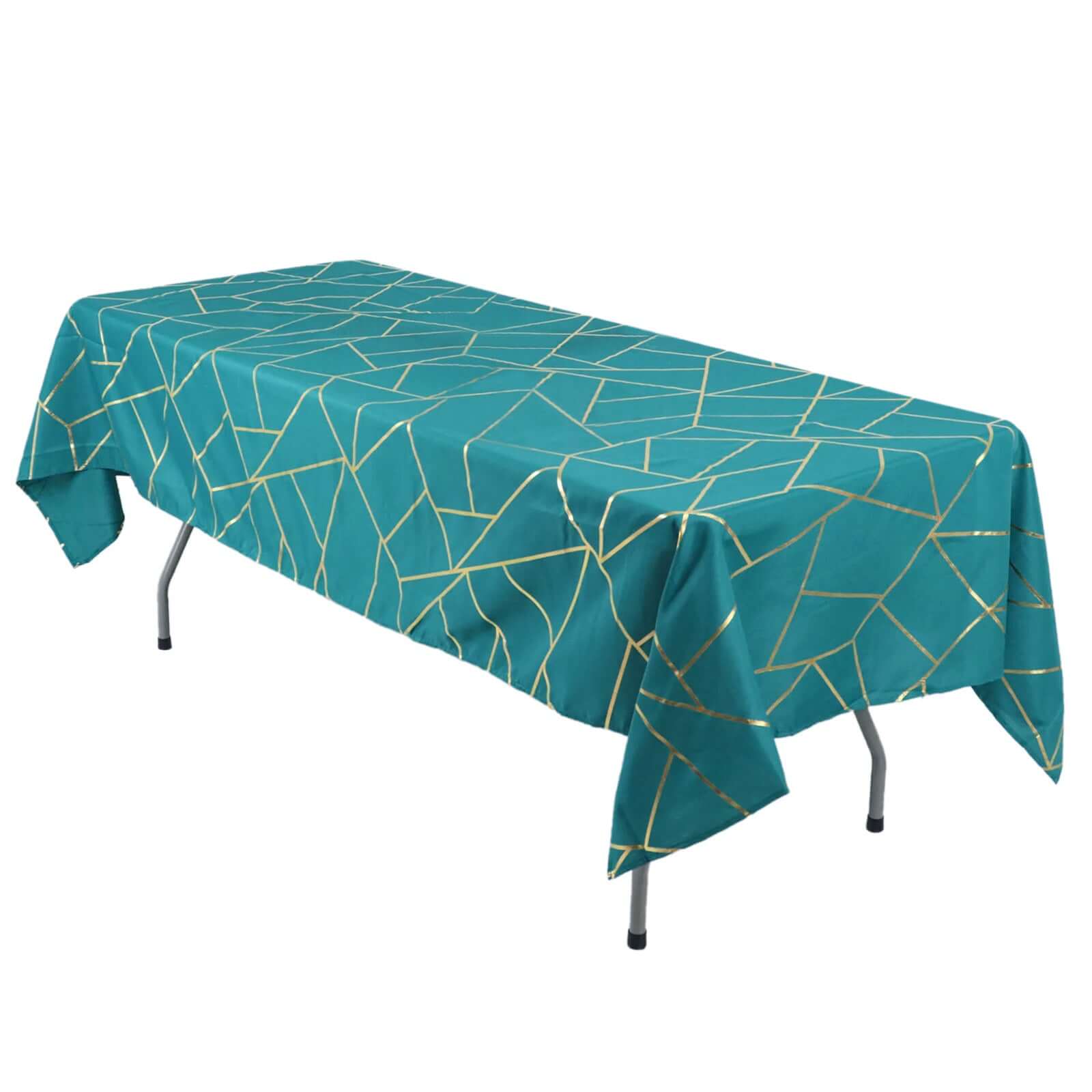 Polyester 60x102 Rectangle Tablecloth Teal with Gold Foil Geometric Pattern - Wrinkle-Resistant & Durable Table Cover