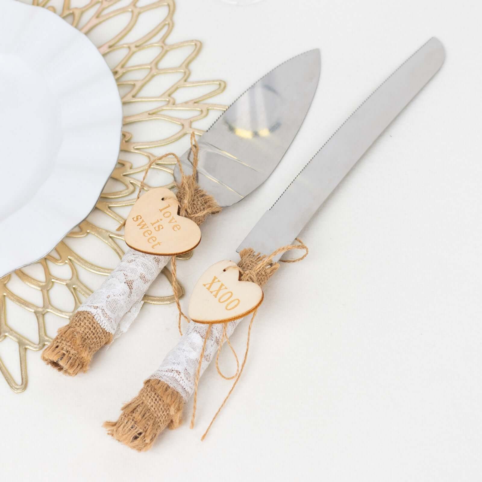 Stainless Steel Cake Knife and Server Set with Natural Rustic Jute Lace - Pre-Packed Wedding Party Favors in Gift Box