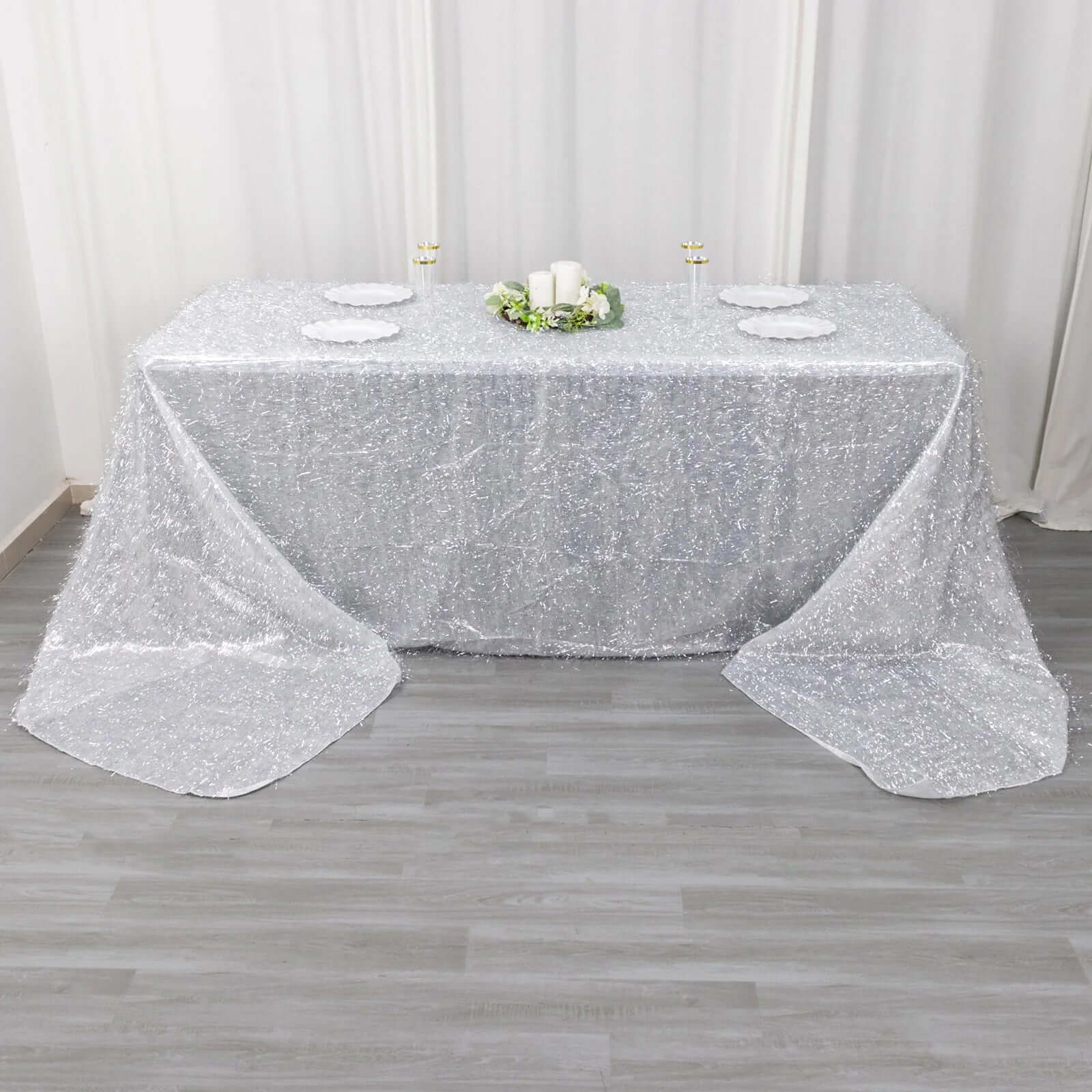 Polyester 90x156 Rectangle Tablecloth Silver Metallic Fringe Shag Tinsel Table Cover