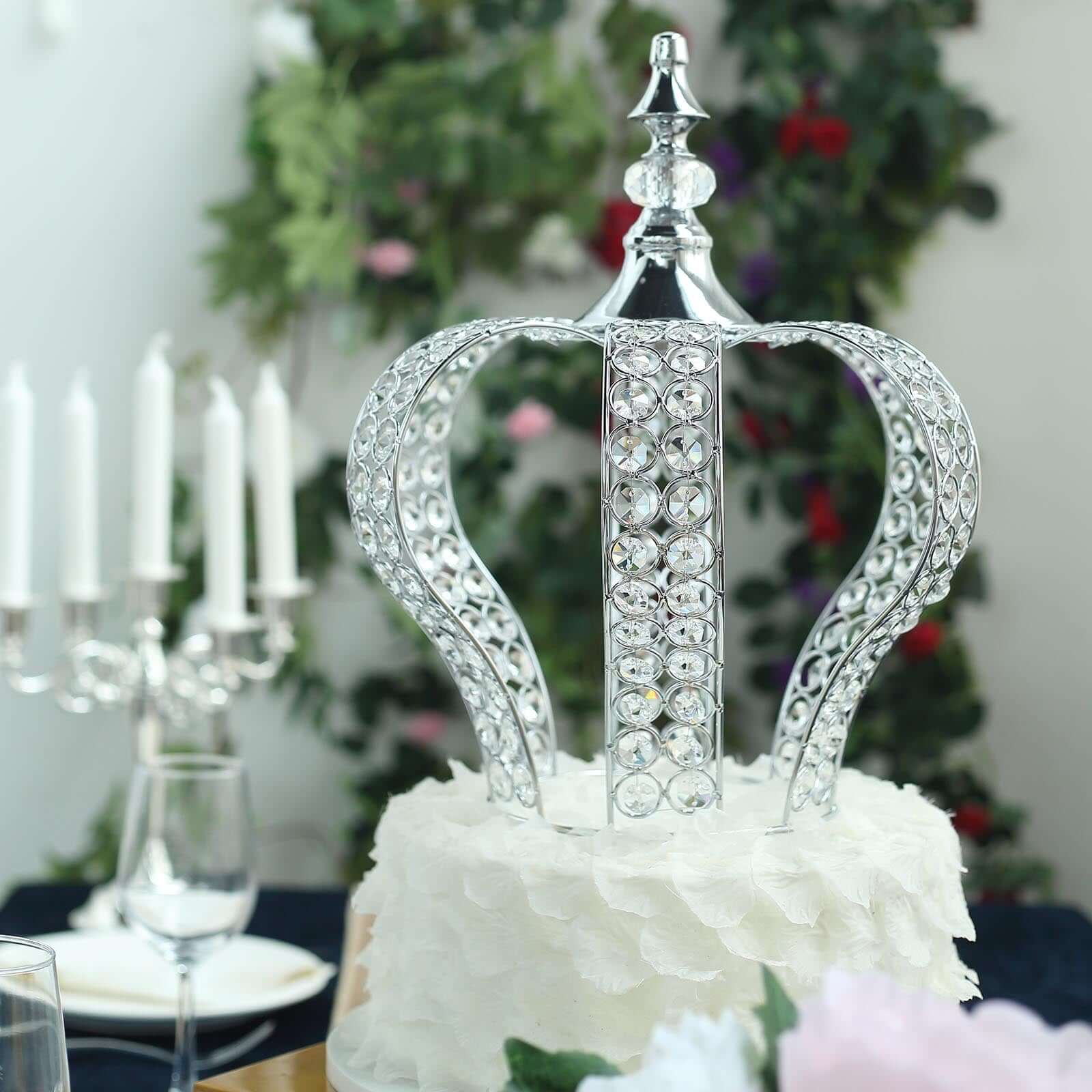 Crystal-Bead Royal Crown Cake Topper Metallic Silver - Dazzling Cake Centerpiece Decor for Luxurious Birthdays Receptions & Romantic Celebrations 14