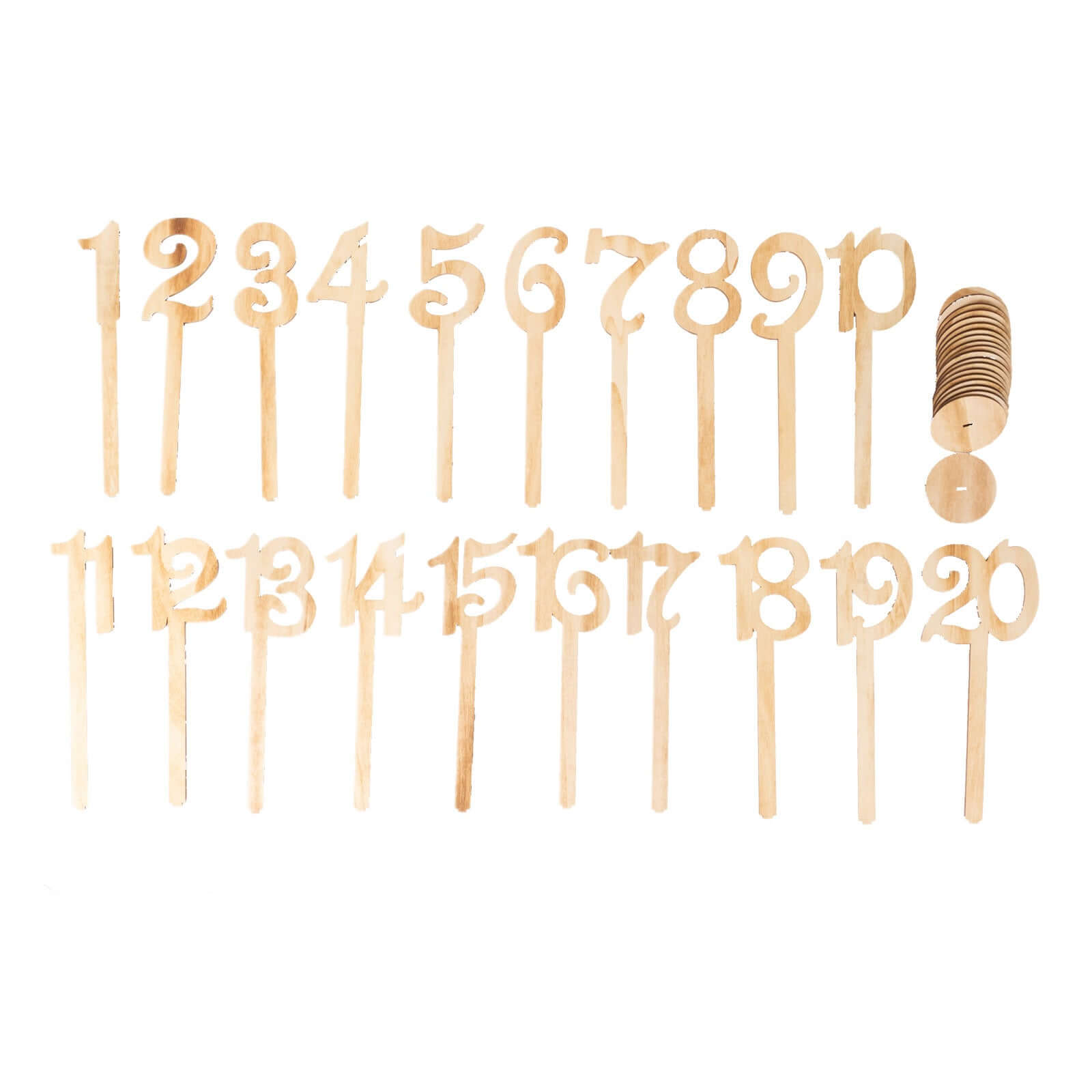 Set of 20 Wooden Wedding Table Numbers Natural 1-20 with Round Holder Base - Rustic Table Signs for Receptions 11 Tall