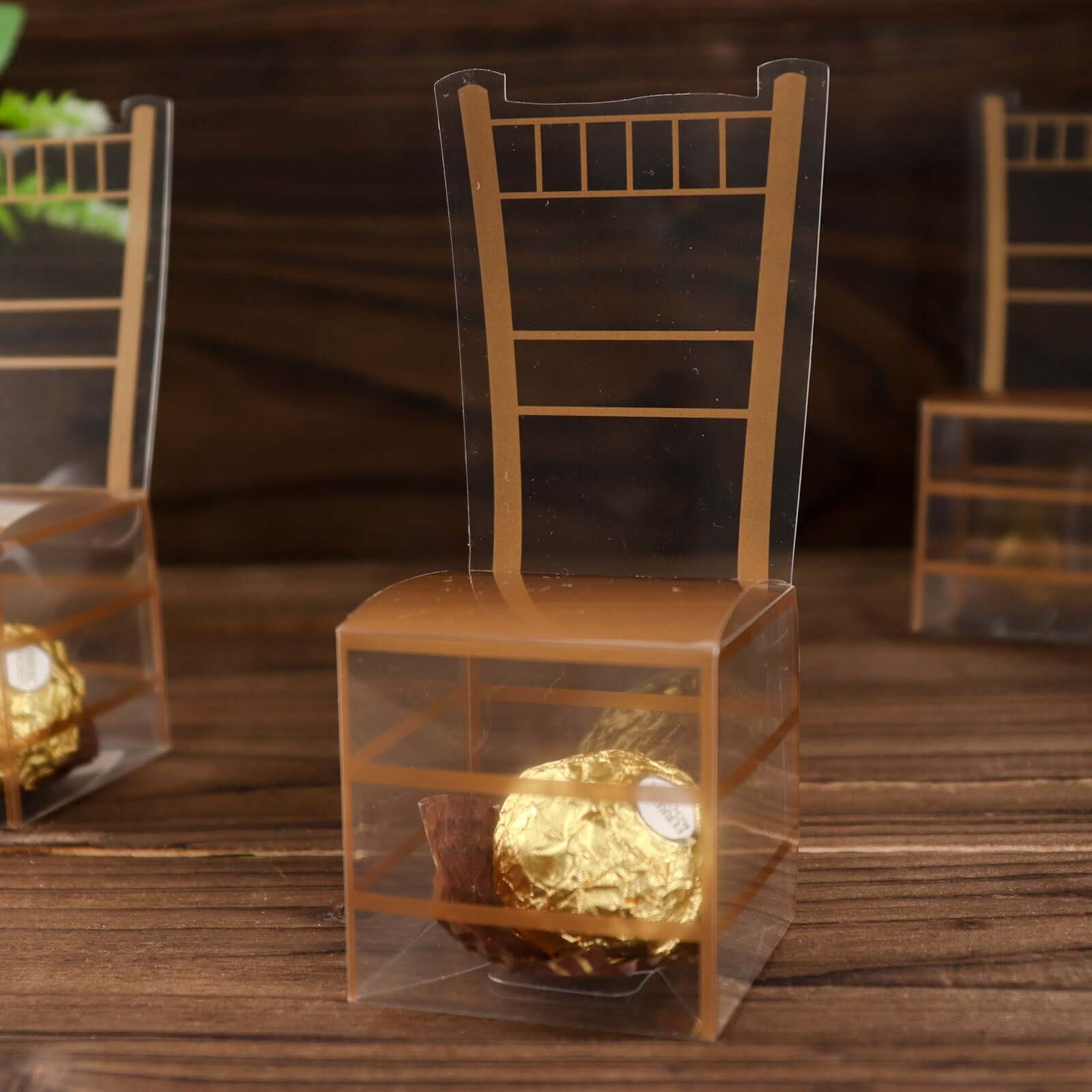 25 Pack Clear and Gold PVC Chiavari Chair-Shaped Party Favor Candy Gift Boxes - 2x5