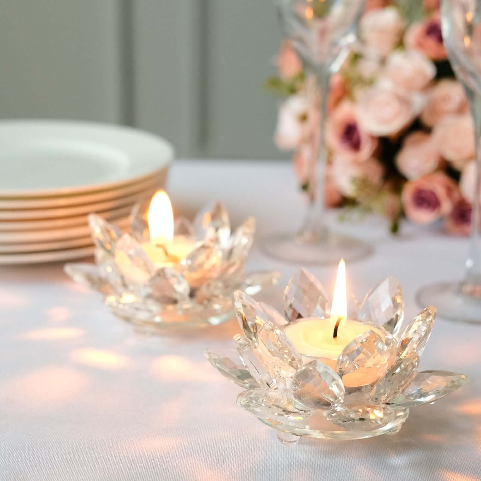 2 Pack Clear 4.5 Crystal Glass Lotus Flower Votive Candle Holders, Tealight Taper Candle Stands