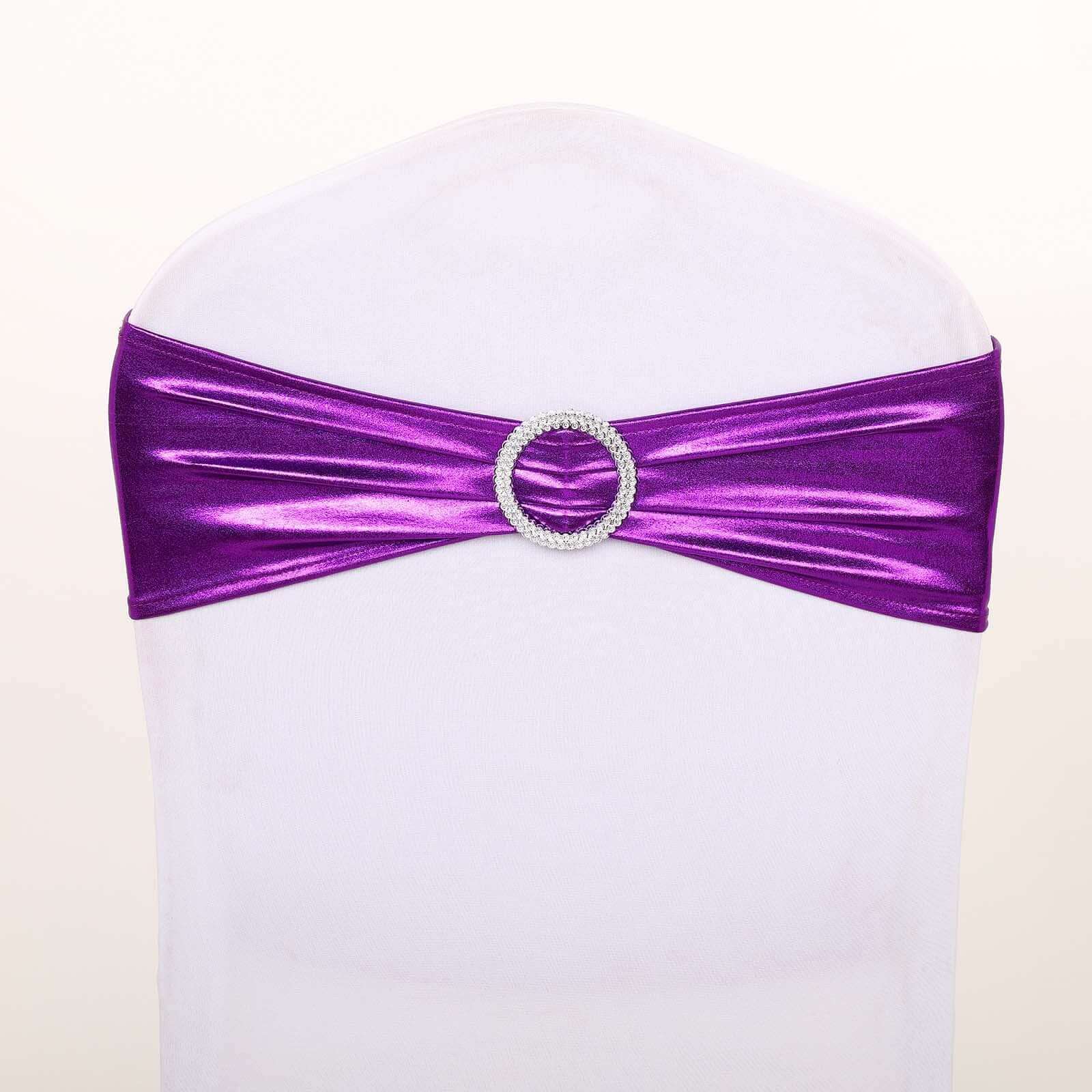 5 Pack Metallic Spandex Chair Sashes Purple - Stretch Fit Chair Bands With Round Diamond Buckles