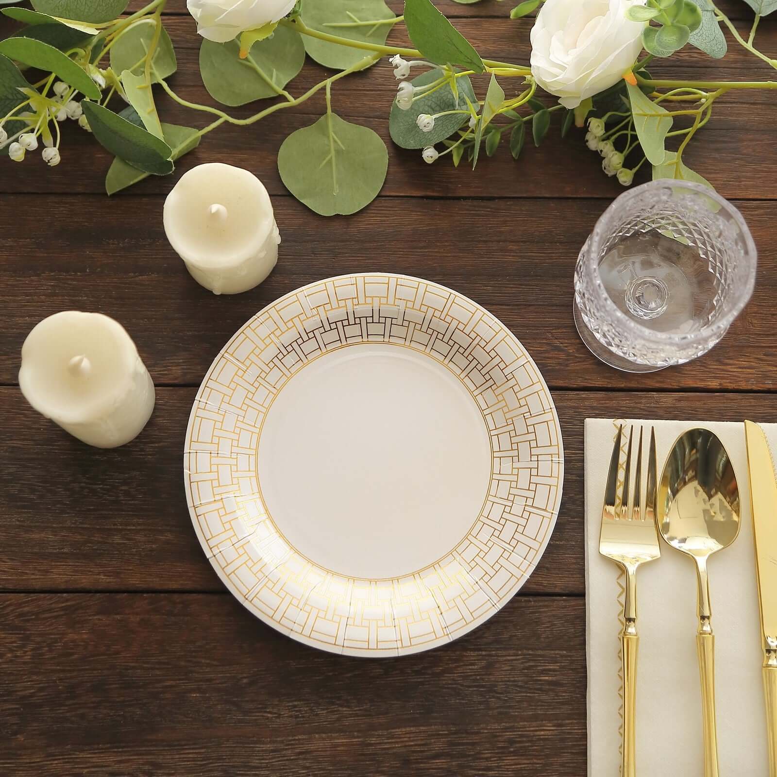 25-Pack Paper 7 Round Dessert Plates in White with Gold Basketweave Rim - Disposable Appetizer Salad Plates for Exquisite Gatherings & Celebrations