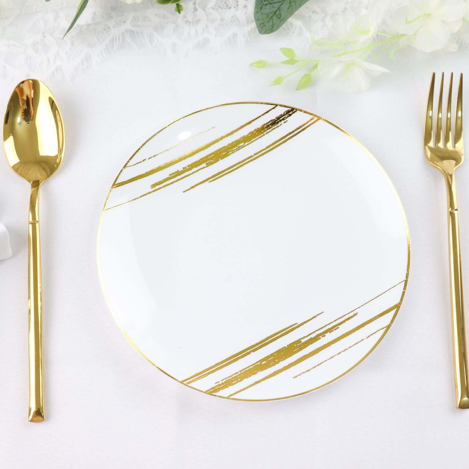 10-Pack Plastic 7 Round Dessert Plates in White with Gold Brush Stroked Print - Disposable Appetizer Salad Plates