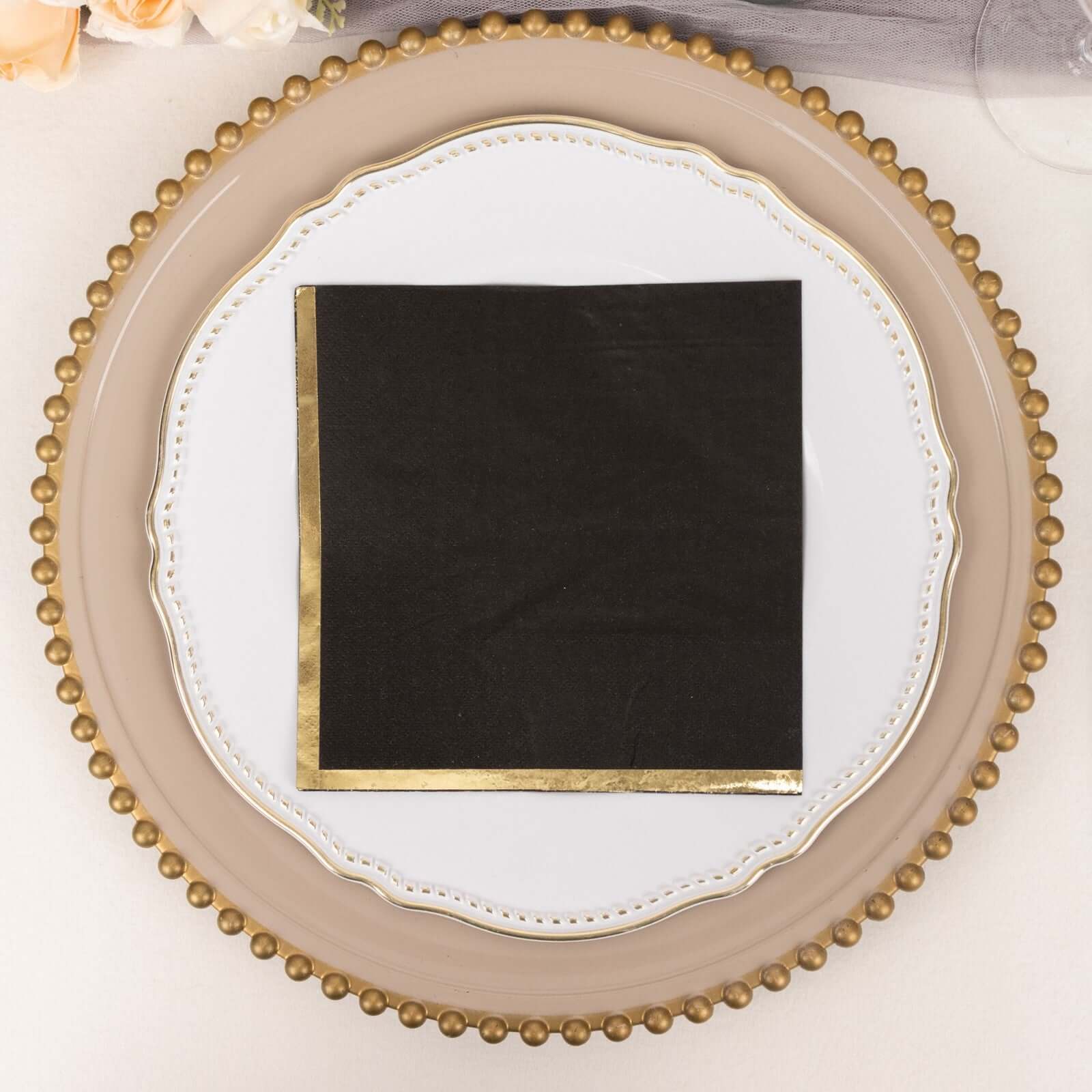 50-Pack Paper Beverage Napkins with Gold Foil Edge Black - Disposable 2 Ply Cocktail Napkins for Events 6.5x6.5