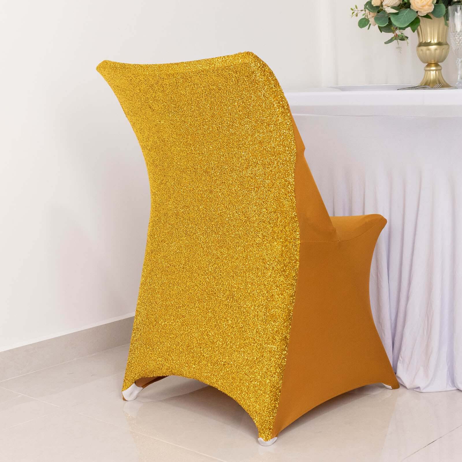 Stretch Spandex Chair Cover Gold for Folding Chairs - Luxurious Metallic Shimmer Tinsel Back Design Fitted Slipcover