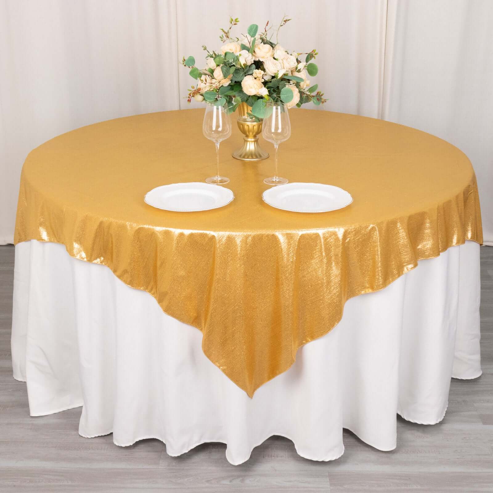 Polyester 72x72 Table Overlay Square Tablecloth Gold Shimmer Sequin Dots Wrinkle-Free Design for Stylish Celebrations