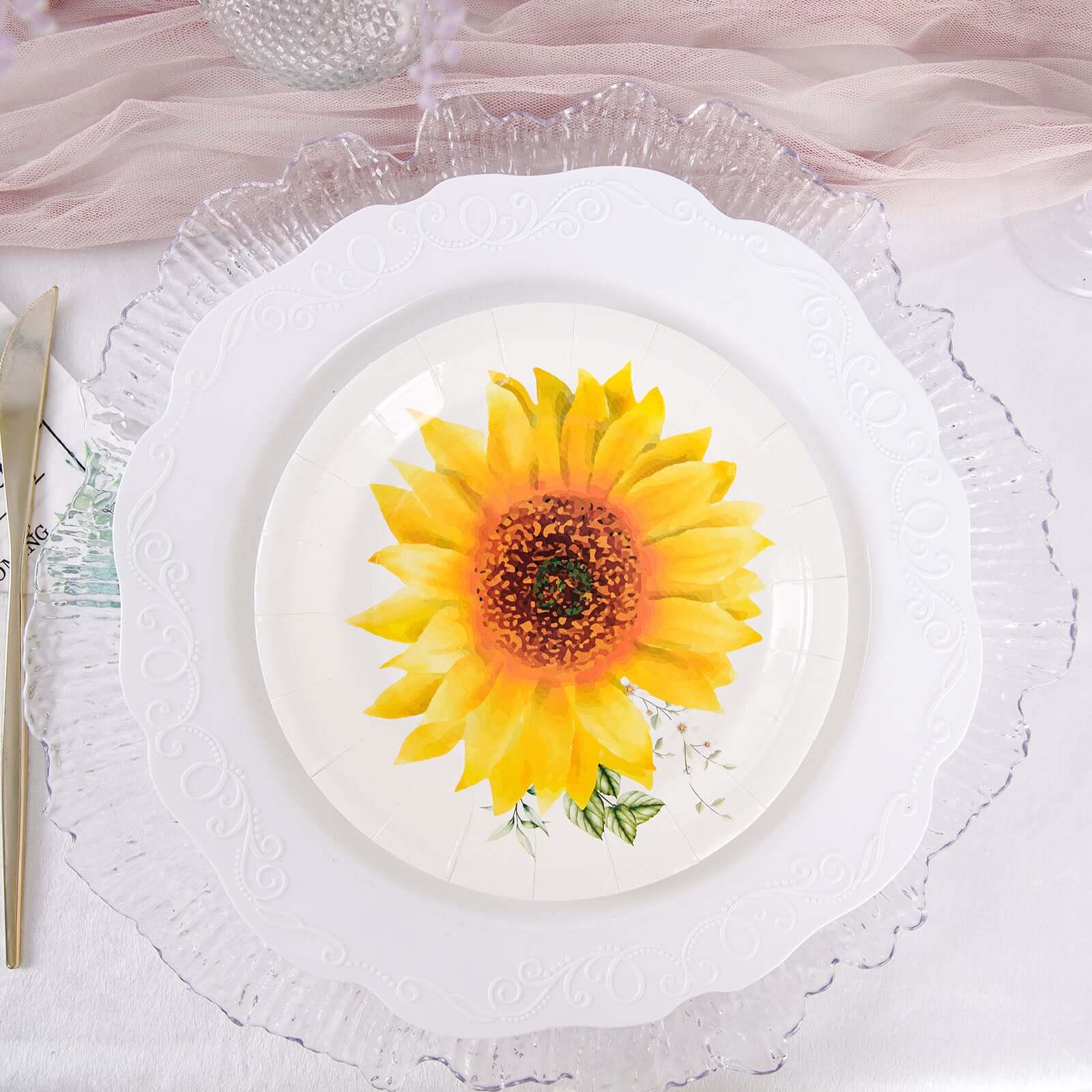 25-Pack Paper 7 Round Dessert Plates White with Sunflower Design - Disposable Salad Plates for Rustic Events & Garden Themes