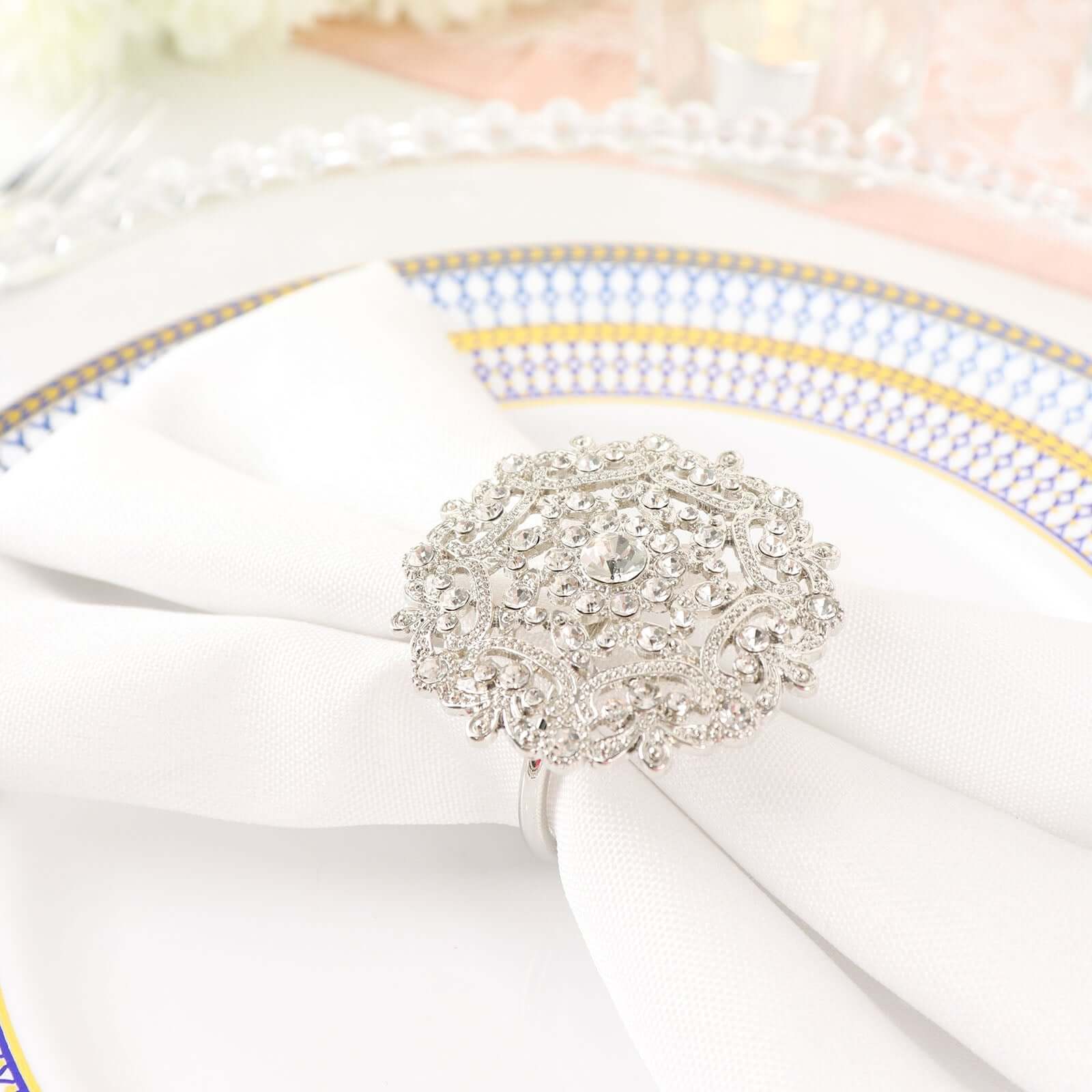 4 Pack Diamond Rhinestone Silver Metal Flower Napkin Rings, Decorative Napkin Buckle Holders