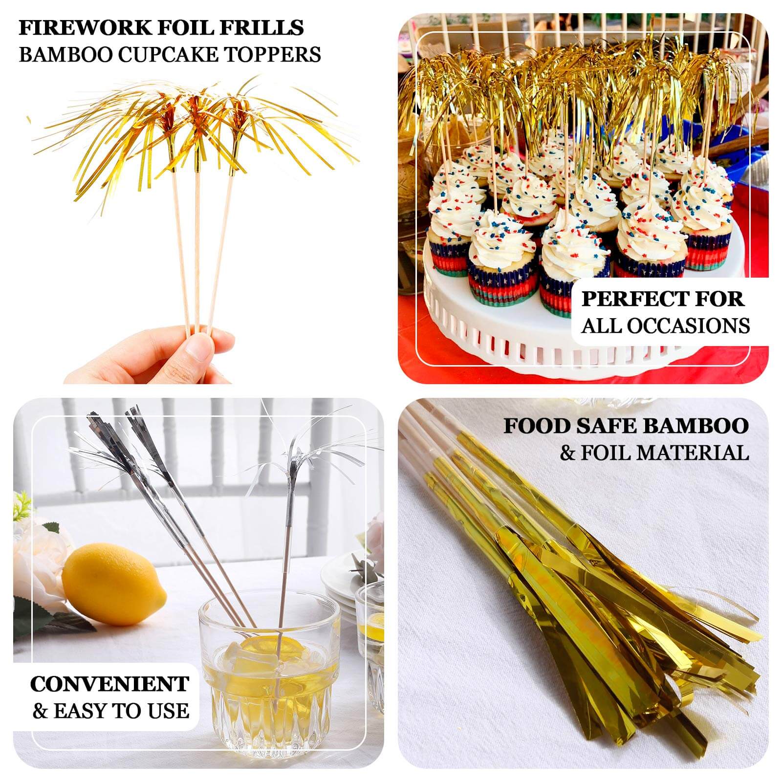 100-Pack Bamboo Cocktail Sticks Firework Cupcake Toppers Gold - Festive Foil Frills Food Picks 9