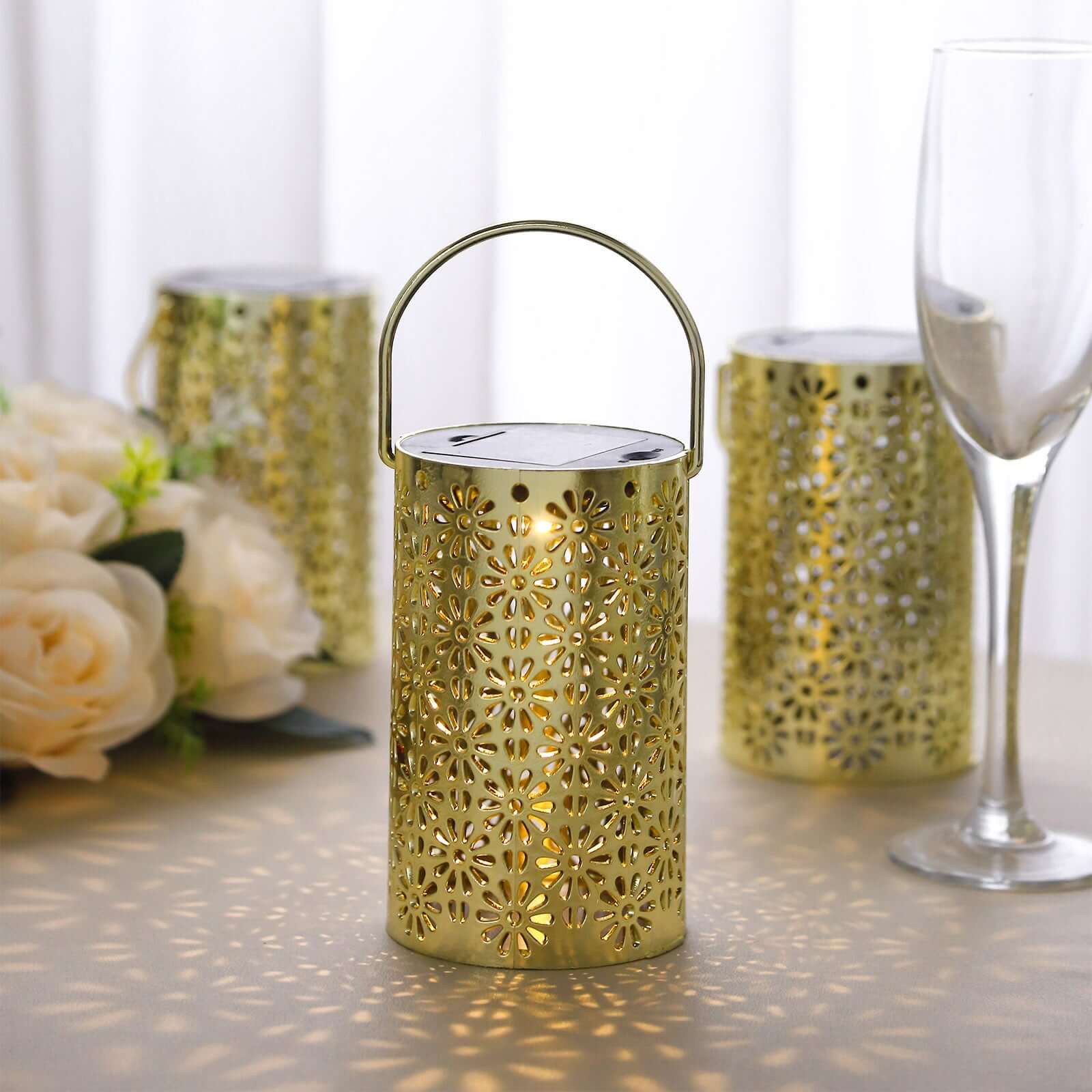 3-Pack LED Decorative Hanging Lanterns Flower Design Gold - Battery Operated Lights 3x5