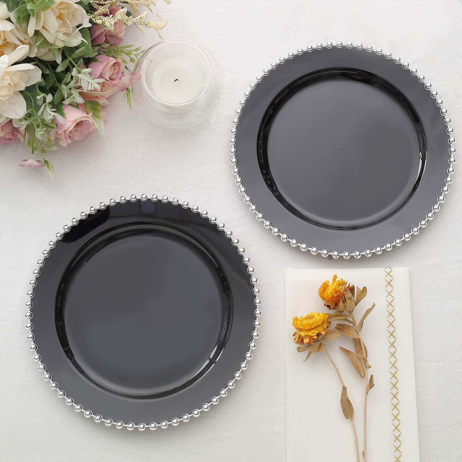 10-Pack Plastic 8 Round Appetizer Dessert Plates in Black with Silver Beaded Rim - Disposable Salad Plates