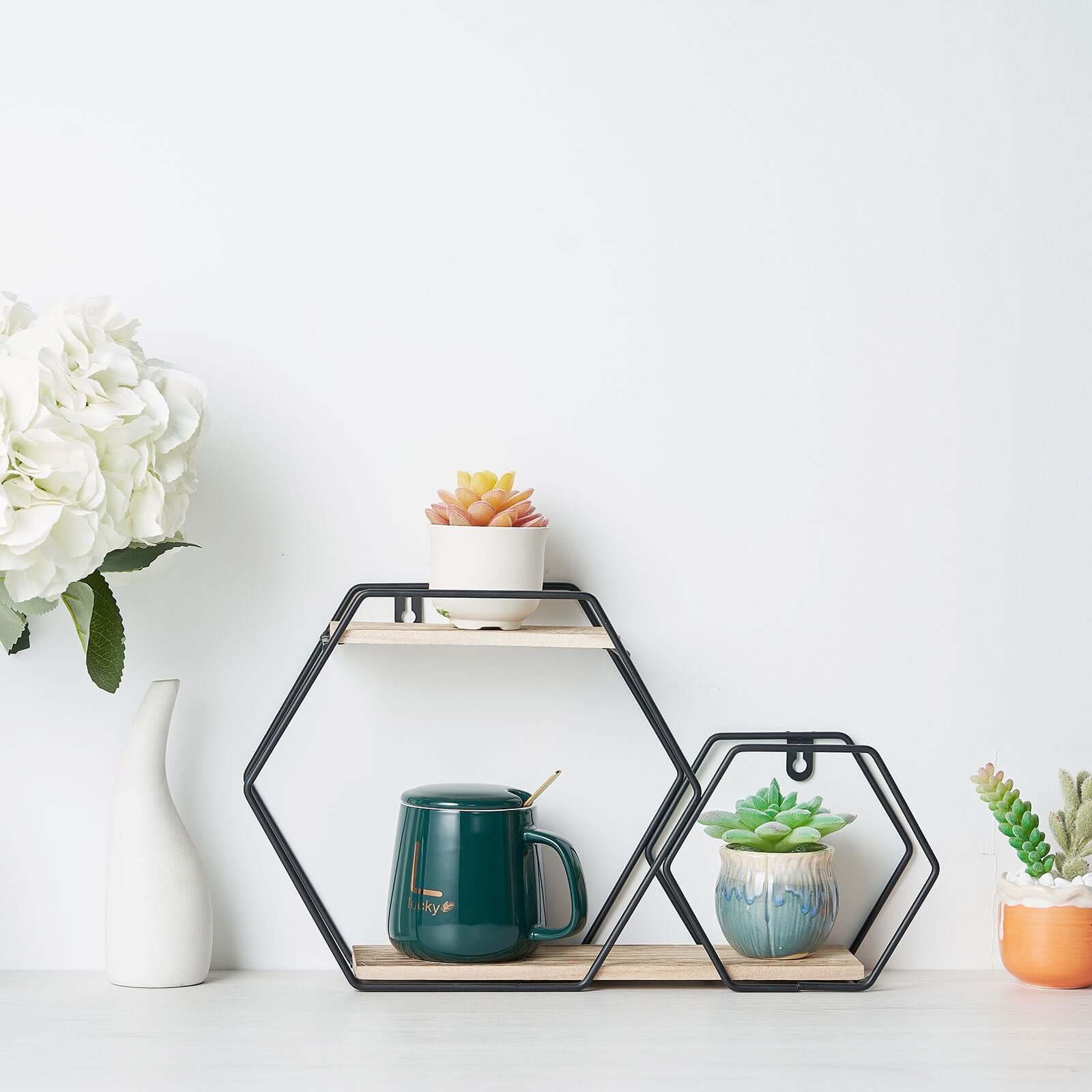 10x17 2-Tier Hexagon Floating Shelf, Dessert Display Stand With Black Double Geometric Design