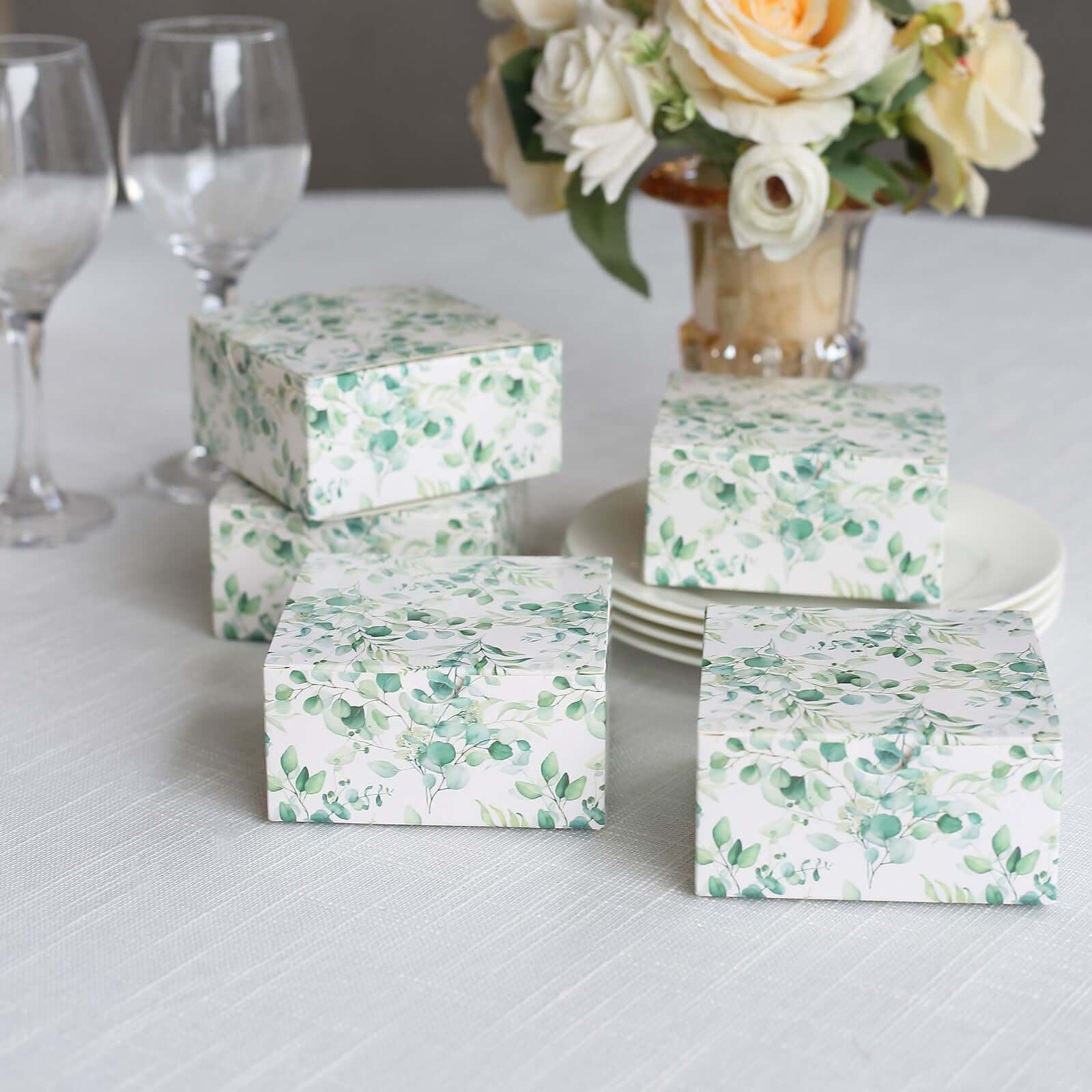 25 Pack White Green Eucalyptus Leaves Print Paper Favor Boxes, Cardstock Party Shower Candy Gift Boxes - 4x4x2