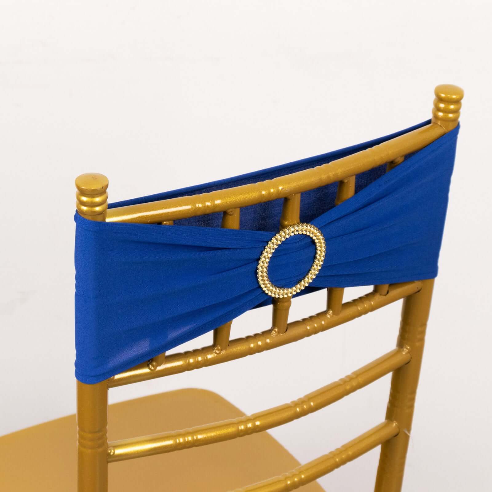 5 Pack Spandex Chair Sashes Royal Blue with Gold Rhinestone Buckles - Reusable Four-Way Stretch Sash Bands 5x14