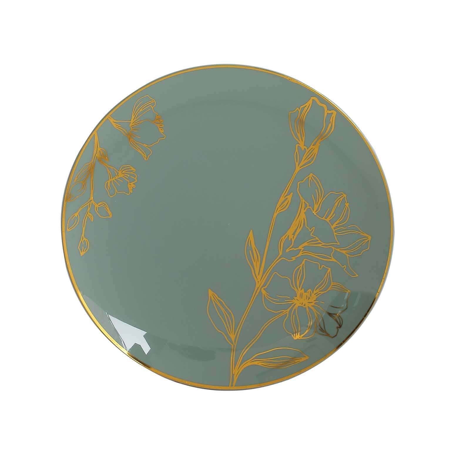 Set of 20 Plastic Round Dinner and Dessert Plates in Dusty Sage Green with Metallic Gold Floral Design - Stylish Disposable Dinnerware 8, 10