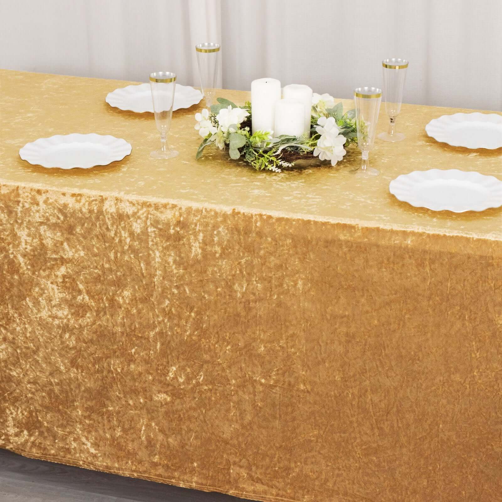 Crushed Velvet Fitted Rectangular 6ft Table Cover Champagne - Wrinkle-Free Stretchy Tablecloth