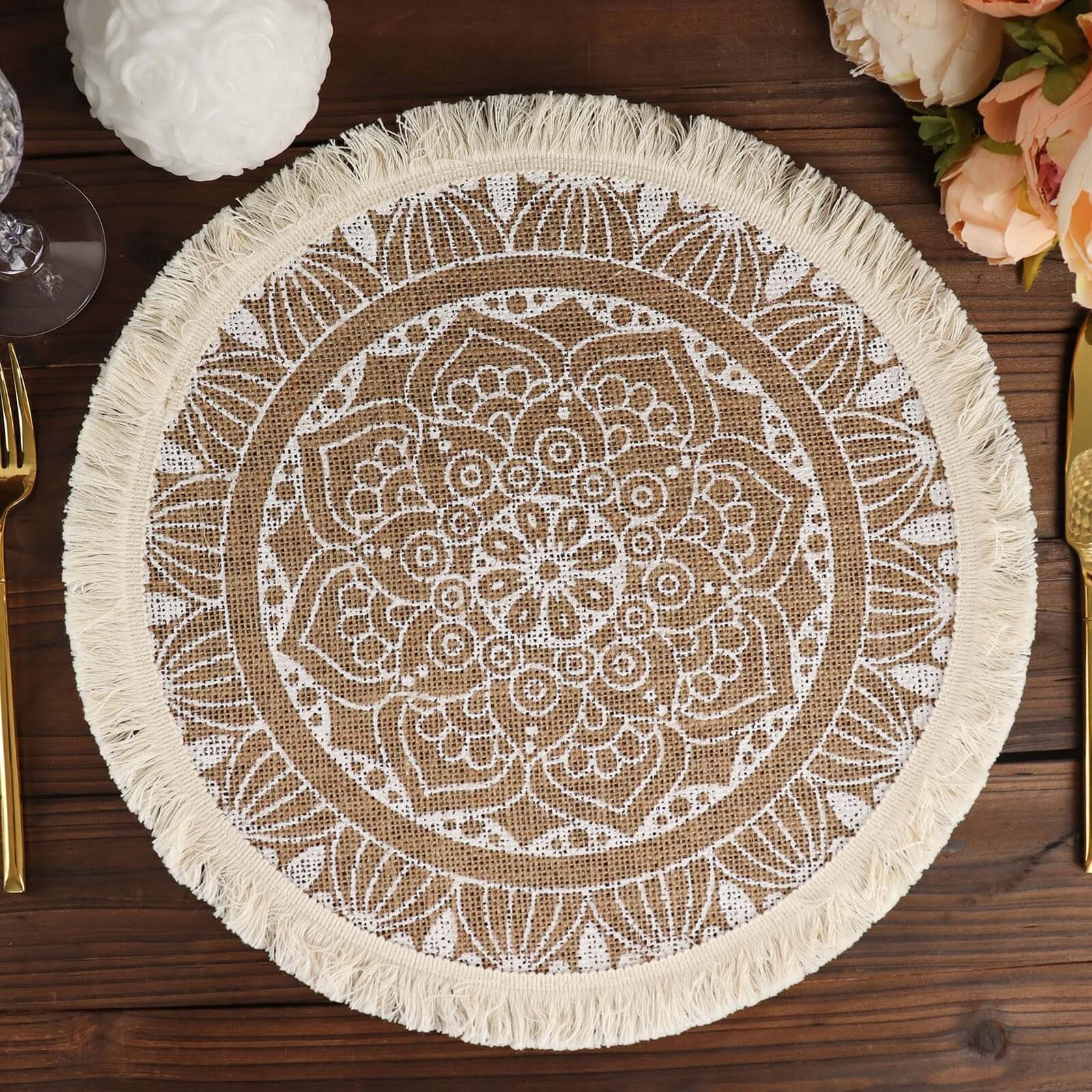 4-Pack Placemats Mandala Print Fringe Design Natural Jute and White Round - Rustic Burlap Tassel Style 15