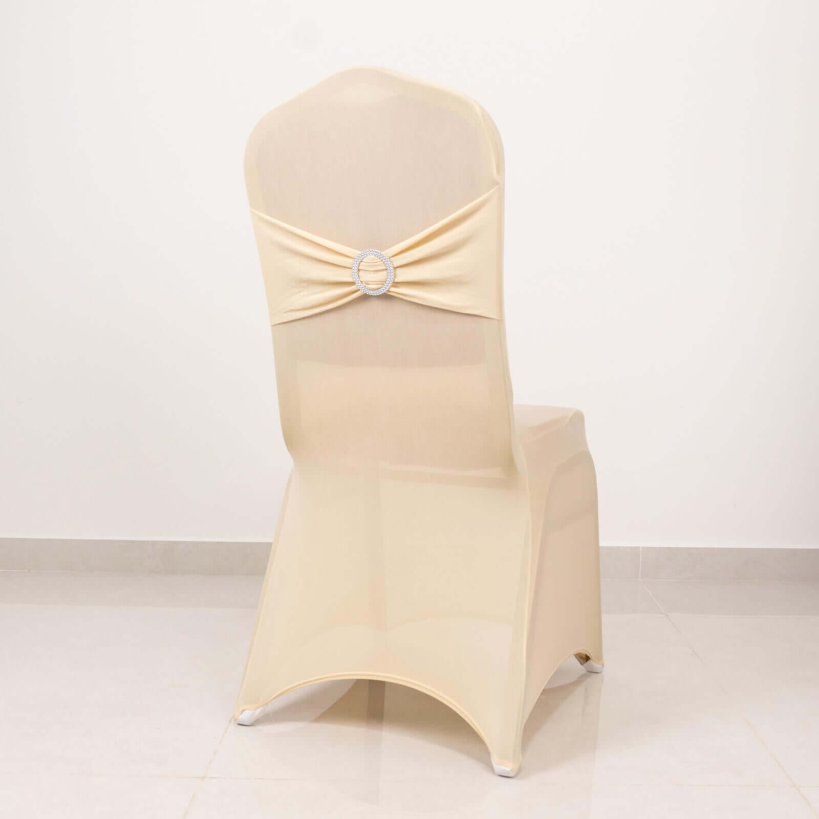 Spandex Chair Cover with Beige Rhinestone Buckled Sash Band Blush - Stretch Fitted Slipcover