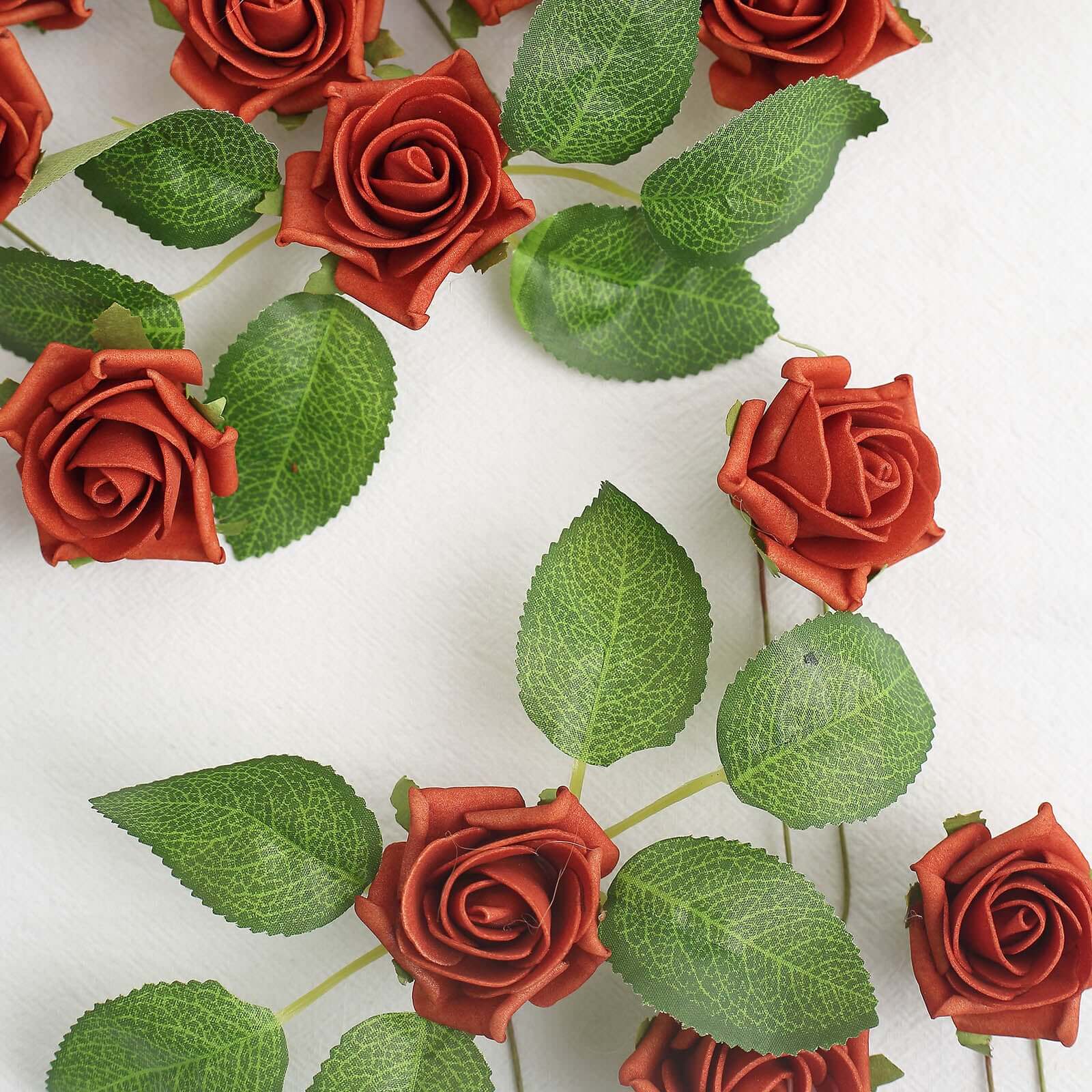 24 Roses 2 Terracotta (Rust) Artificial Foam Flowers With Stem Wire and Leaves